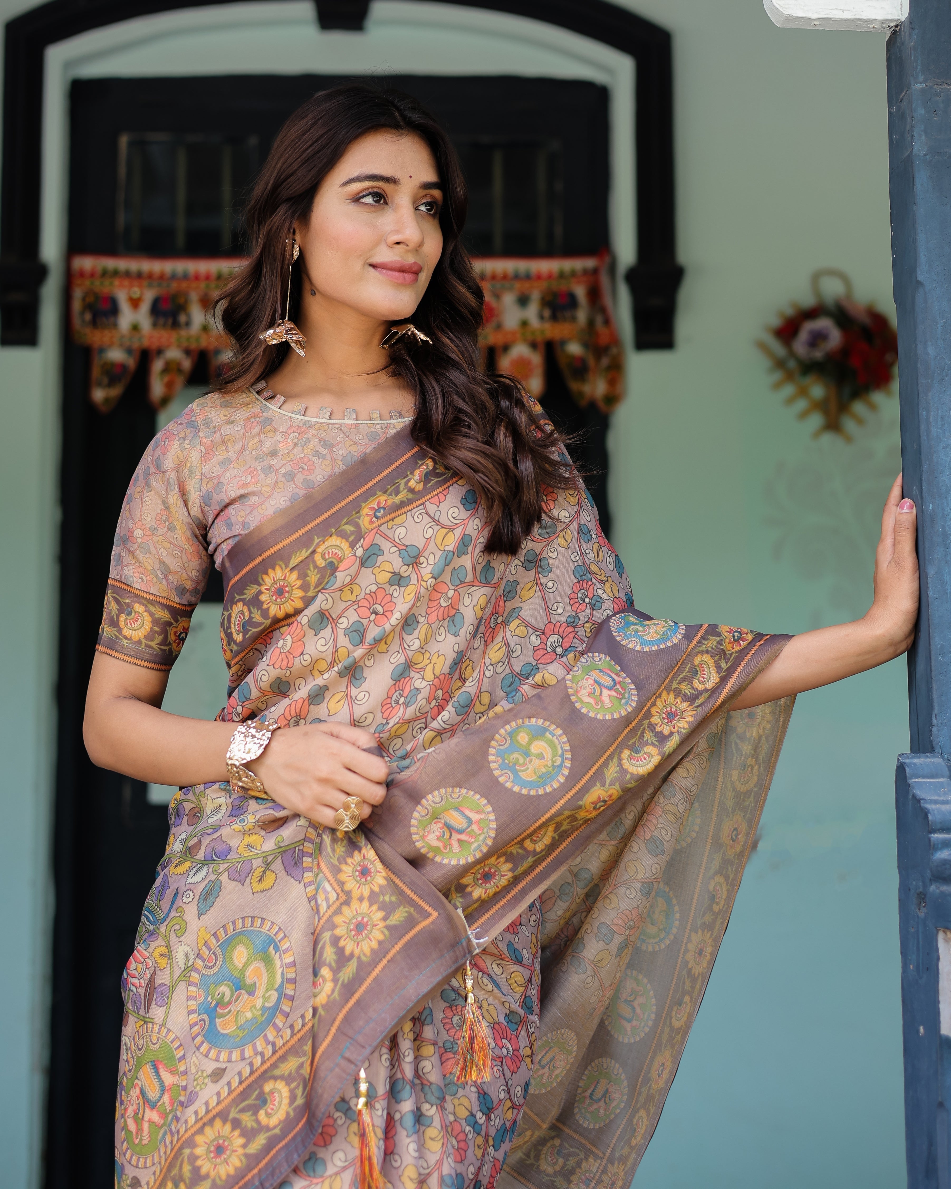 Mauve Beige Handloom Cotton Saree with Pastel Floral Print & Royal Tree-Elephant Pallu