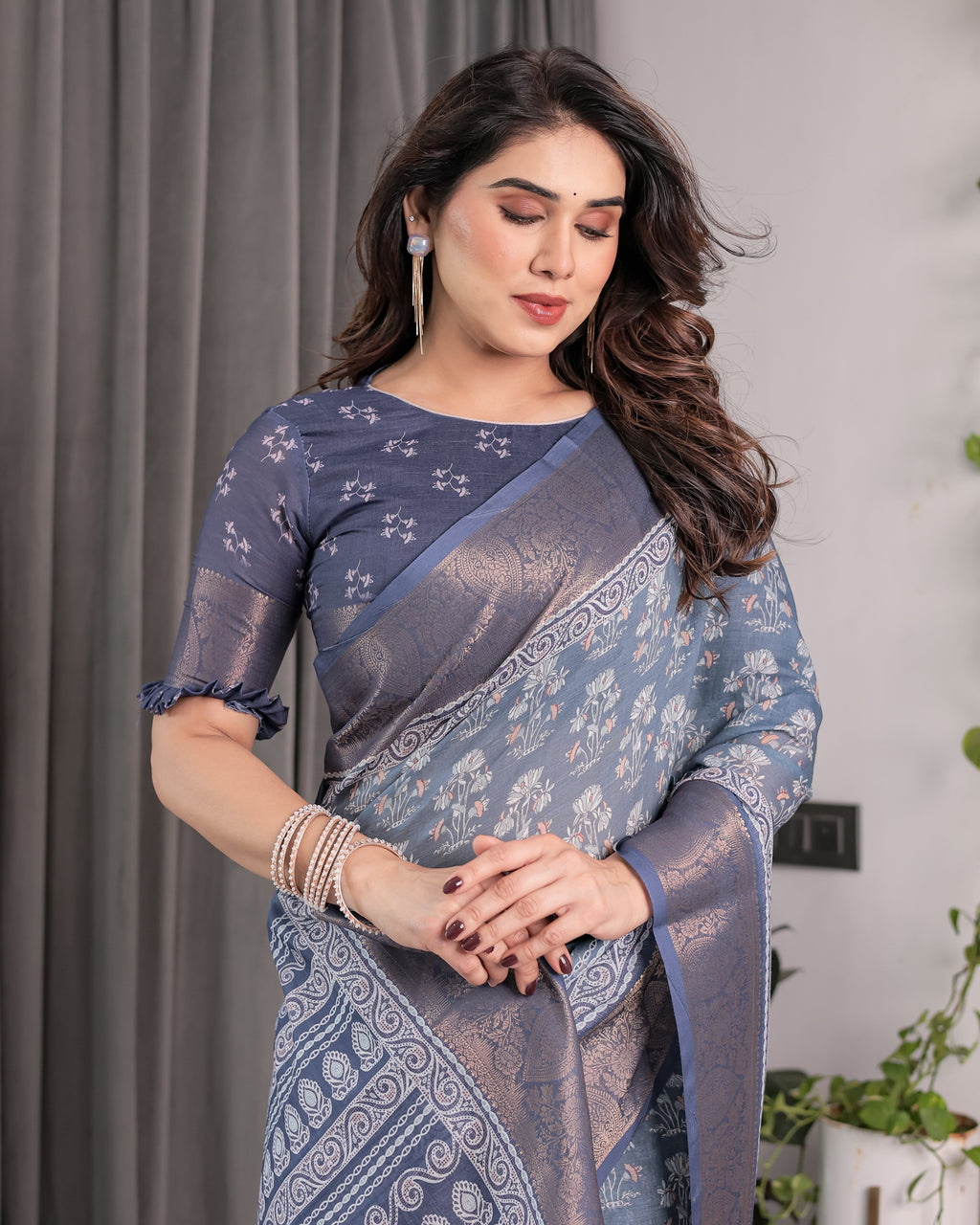 Slate Blue Handloom Linen Floral Printed Saree with Zari Border & Paisley Pallu | 5.5m Saree with 0.8m Blouse Piece | Tassel Finish