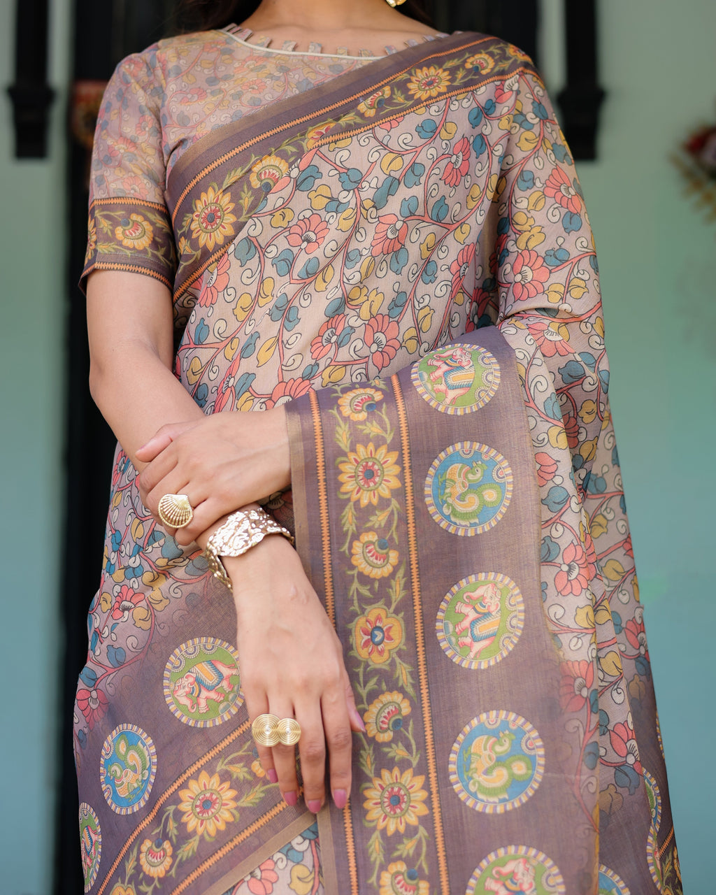Mauve Beige Handloom Cotton Saree with Pastel Floral Print & Royal Tree-Elephant Pallu