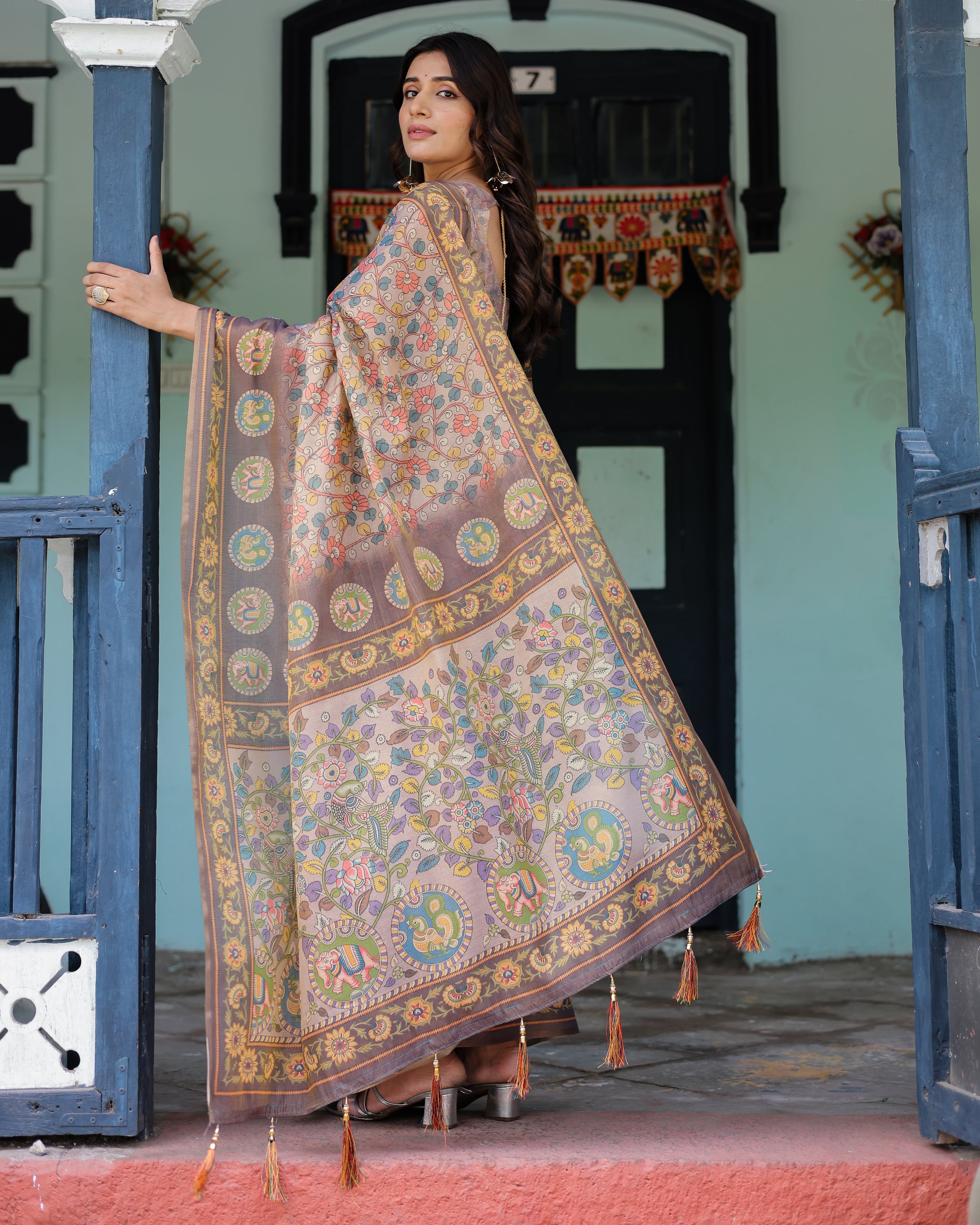 Mauve Beige Handloom Cotton Saree with Pastel Floral Print & Royal Tree-Elephant Pallu