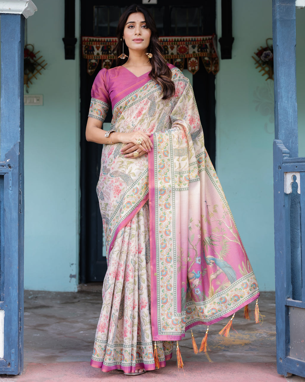 Lavender Beige Handloom Cotton Saree with Floral Vine Print & Majestic Peacock Pallu