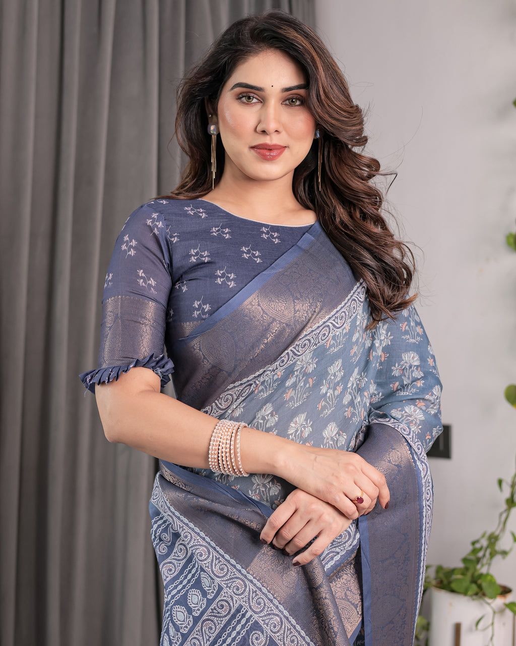 Slate Blue Handloom Linen Floral Printed Saree with Zari Border & Paisley Pallu | 5.5m Saree with 0.8m Blouse Piece | Tassel Finish