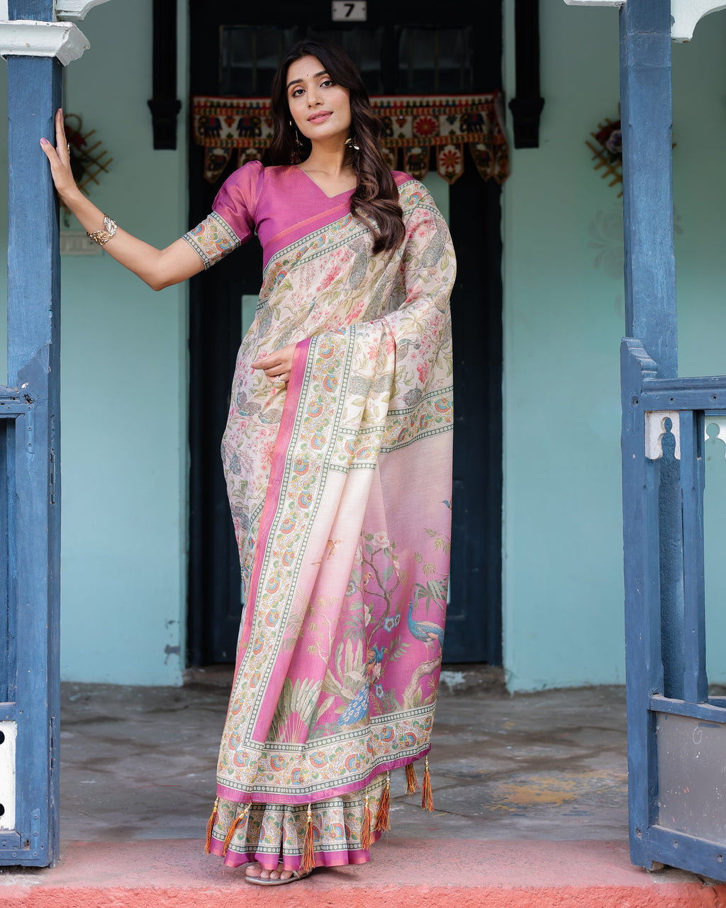 Lavender Beige Handloom Cotton Saree with Floral Vine Print & Majestic Peacock Pallu