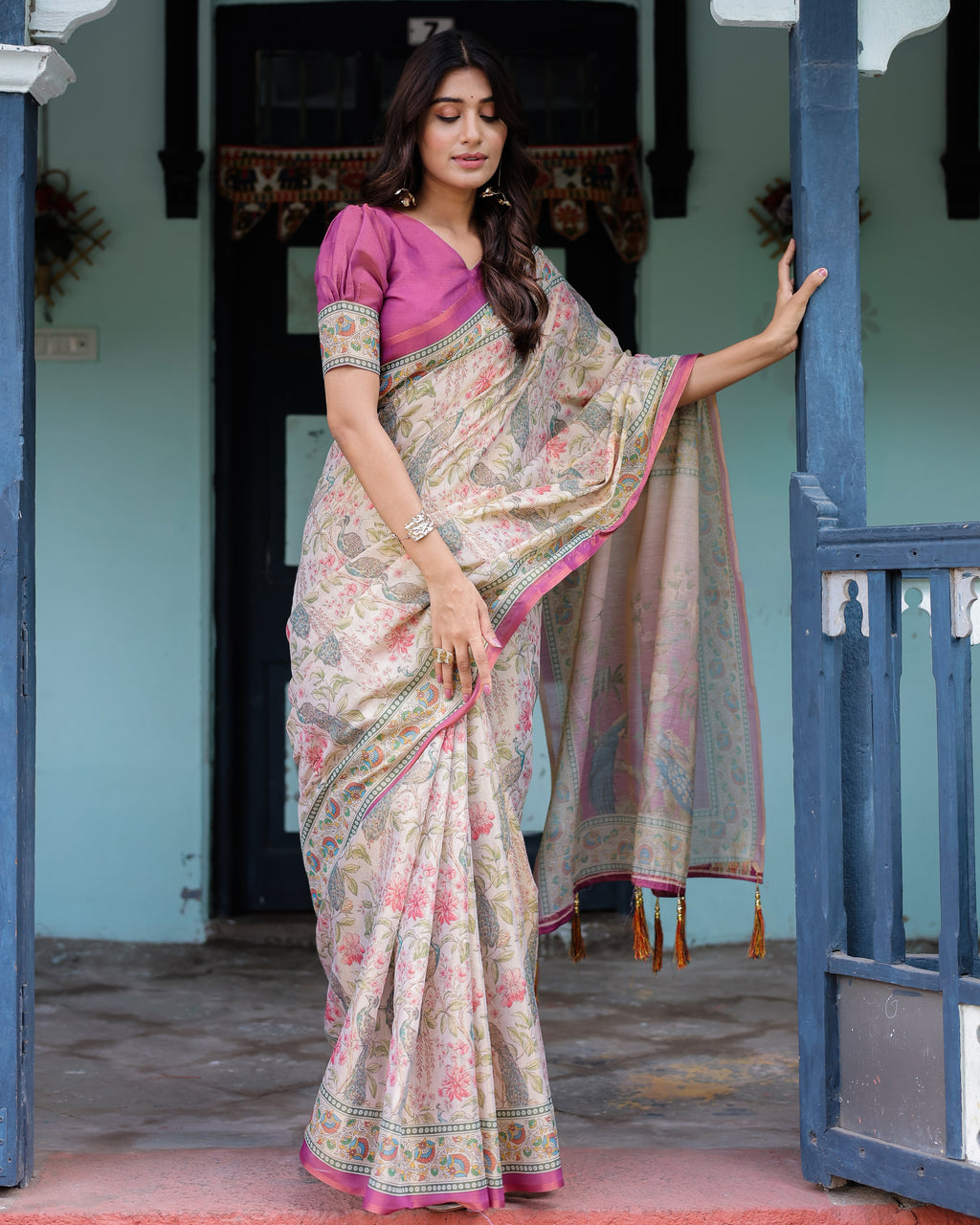 Lavender Beige Handloom Cotton Saree with Floral Vine Print & Majestic Peacock Pallu