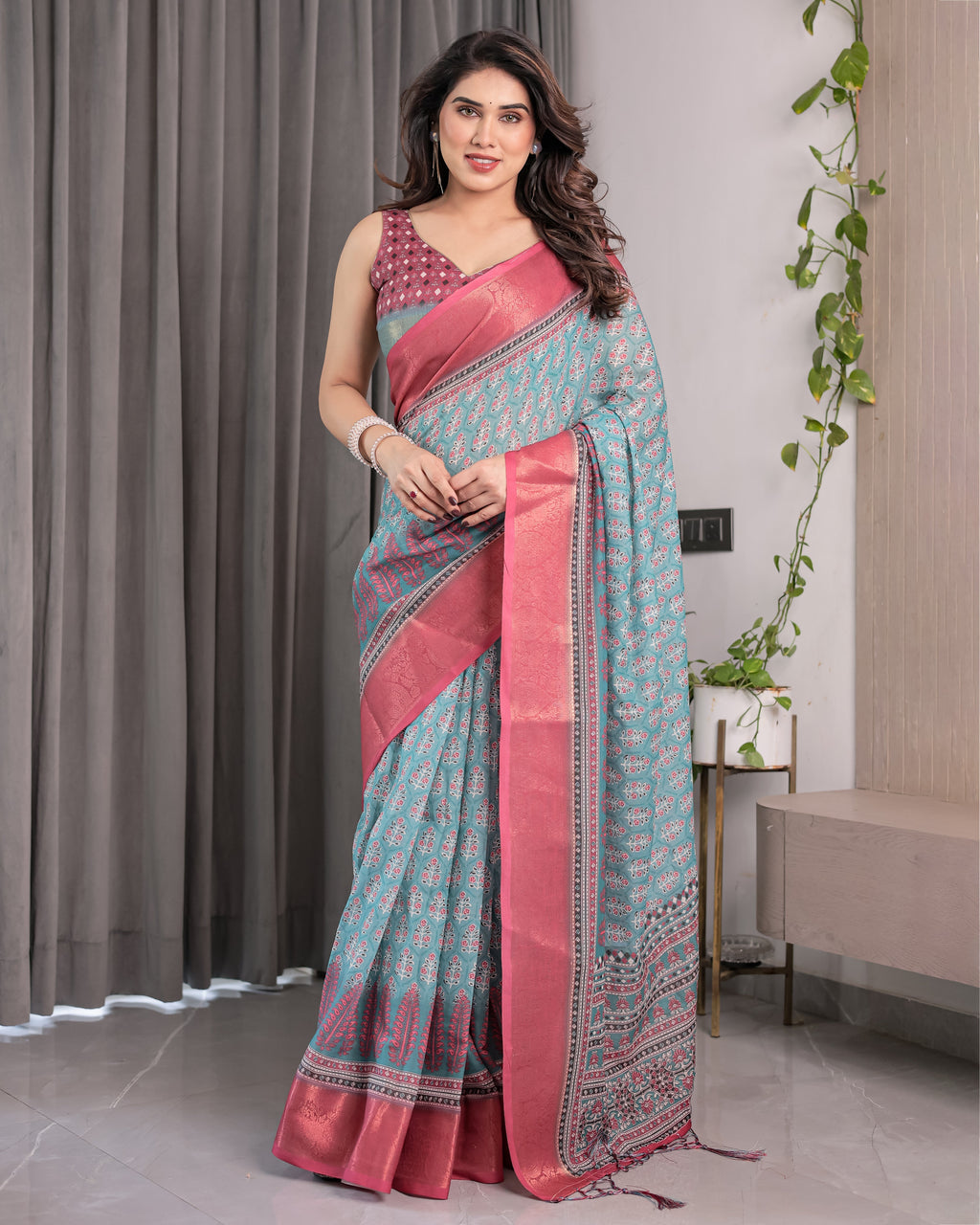 Teal Blue & Rani Pink Handloom Linen Saree with Ethnic Floral Print, Zari Border & Rich Pallu | Tassel Finish | 5.5m Saree + 0.8m Blouse