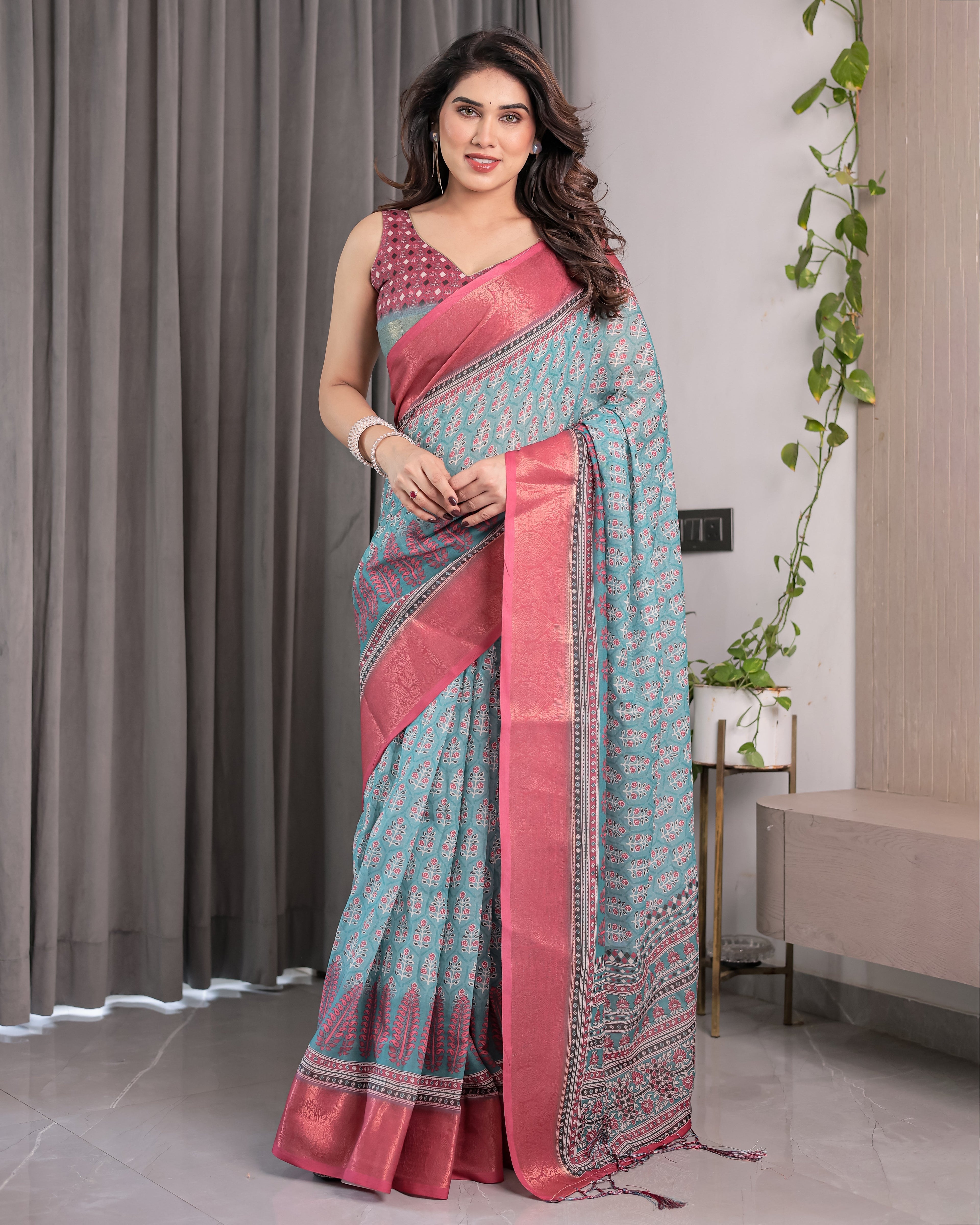 Teal Blue & Rani Pink Handloom Linen Saree with Ethnic Floral Print, Zari Border & Rich Pallu | Tassel Finish | 5.5m Saree + 0.8m Blouse
