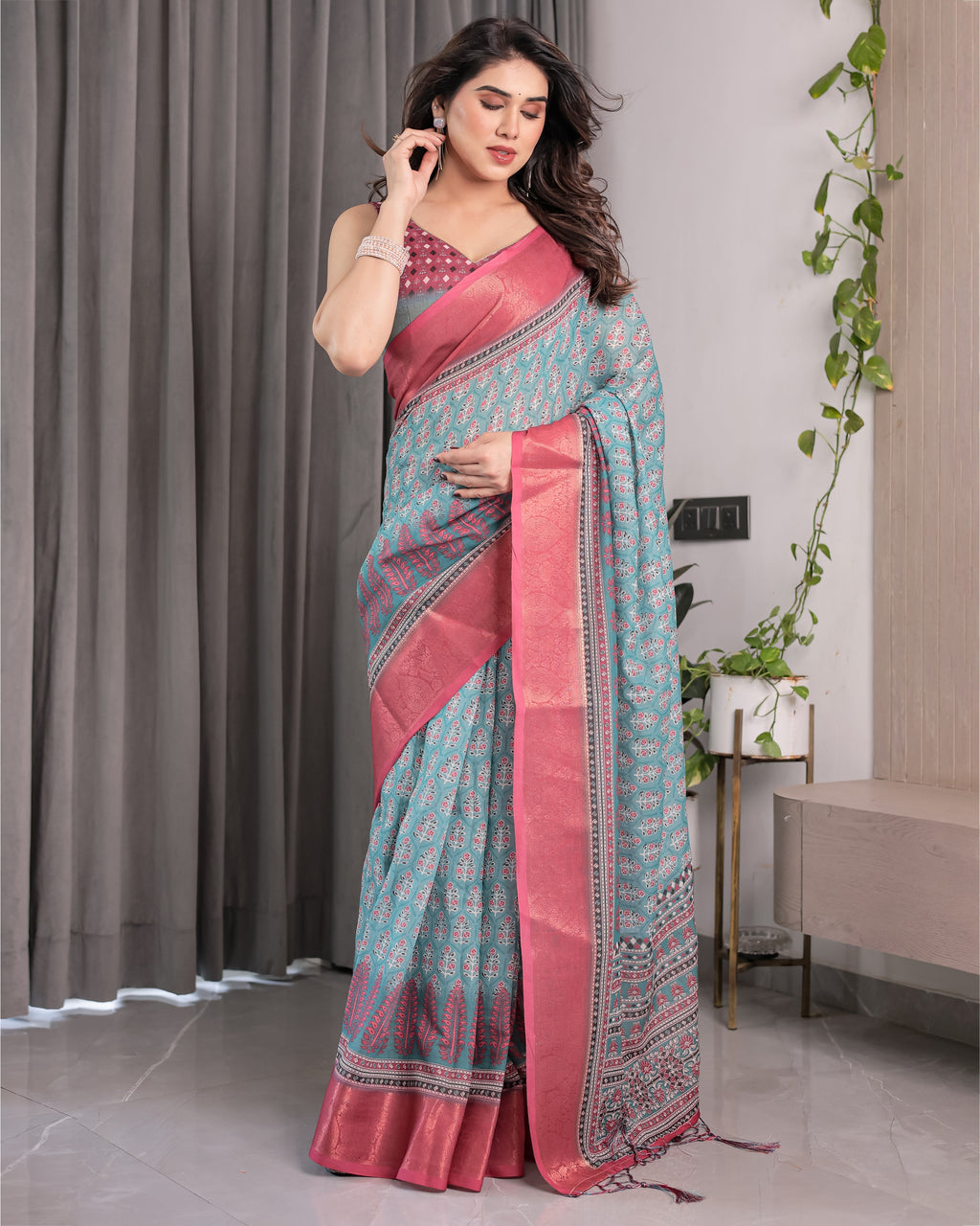 Teal Blue & Rani Pink Handloom Linen Saree with Ethnic Floral Print, Zari Border & Rich Pallu | Tassel Finish | 5.5m Saree + 0.8m Blouse