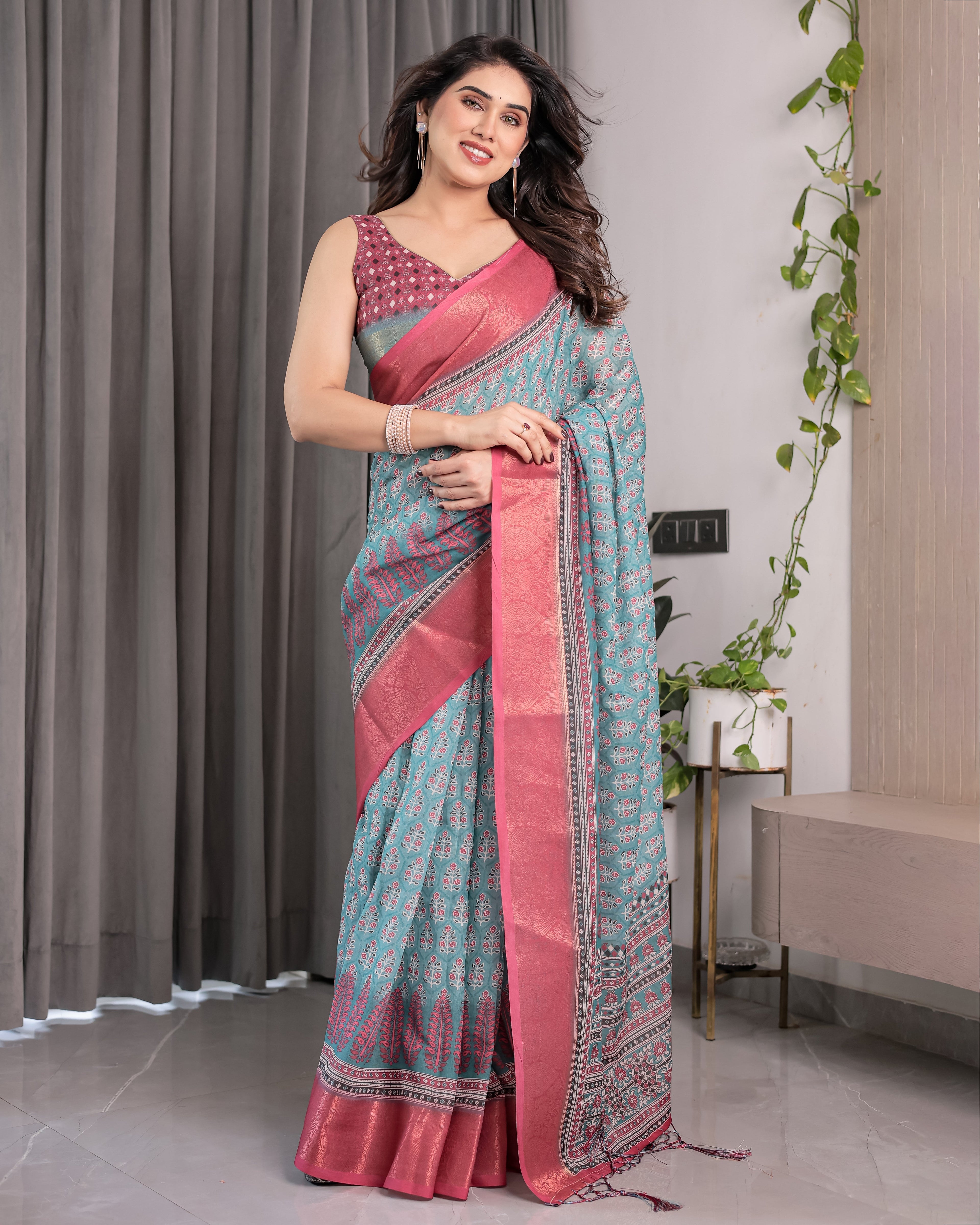 Teal Blue & Rani Pink Handloom Linen Saree with Ethnic Floral Print, Zari Border & Rich Pallu | Tassel Finish | 5.5m Saree + 0.8m Blouse