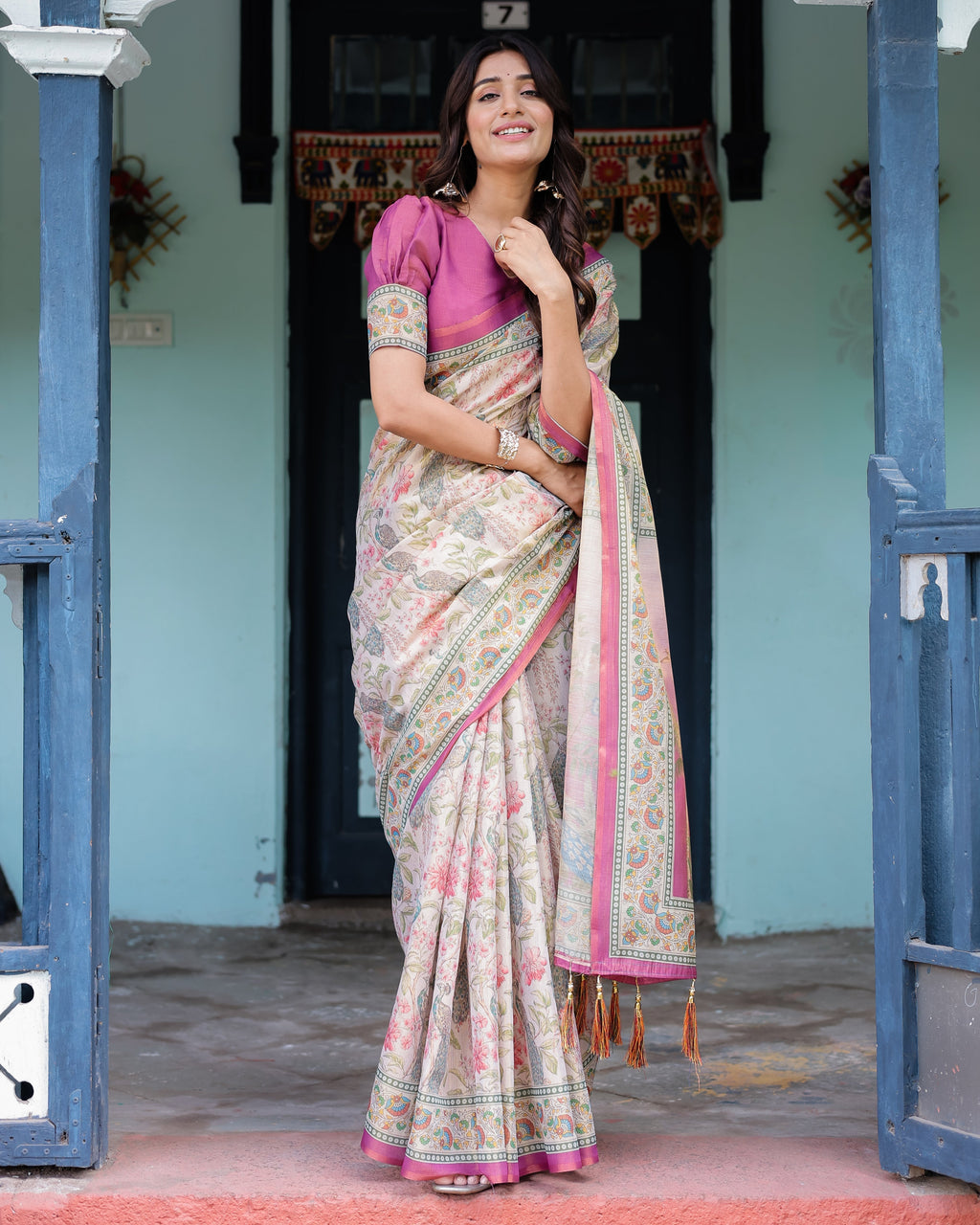Lavender Beige Handloom Cotton Saree with Floral Vine Print & Majestic Peacock Pallu