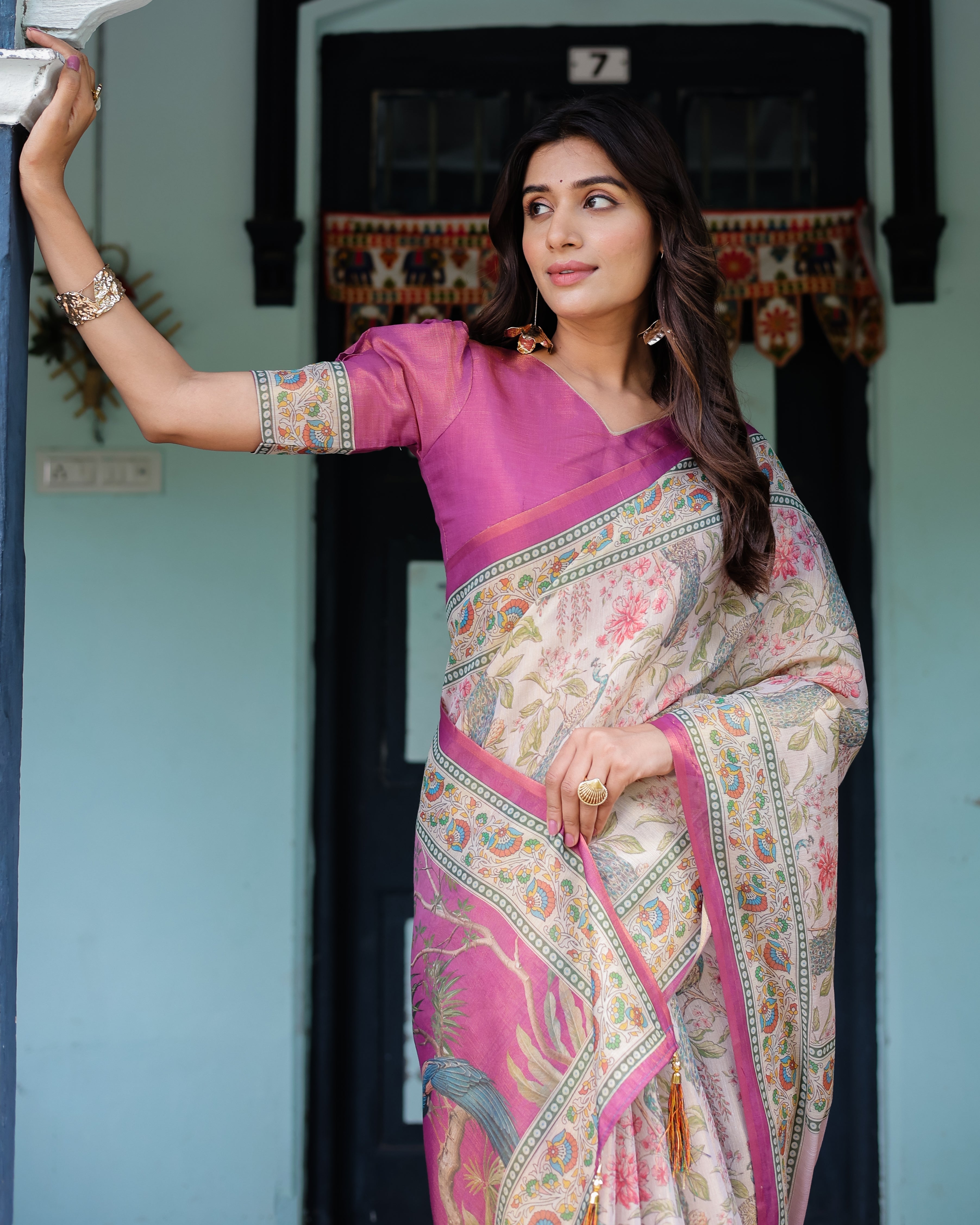 Lavender Beige Handloom Cotton Saree with Floral Vine Print & Majestic Peacock Pallu