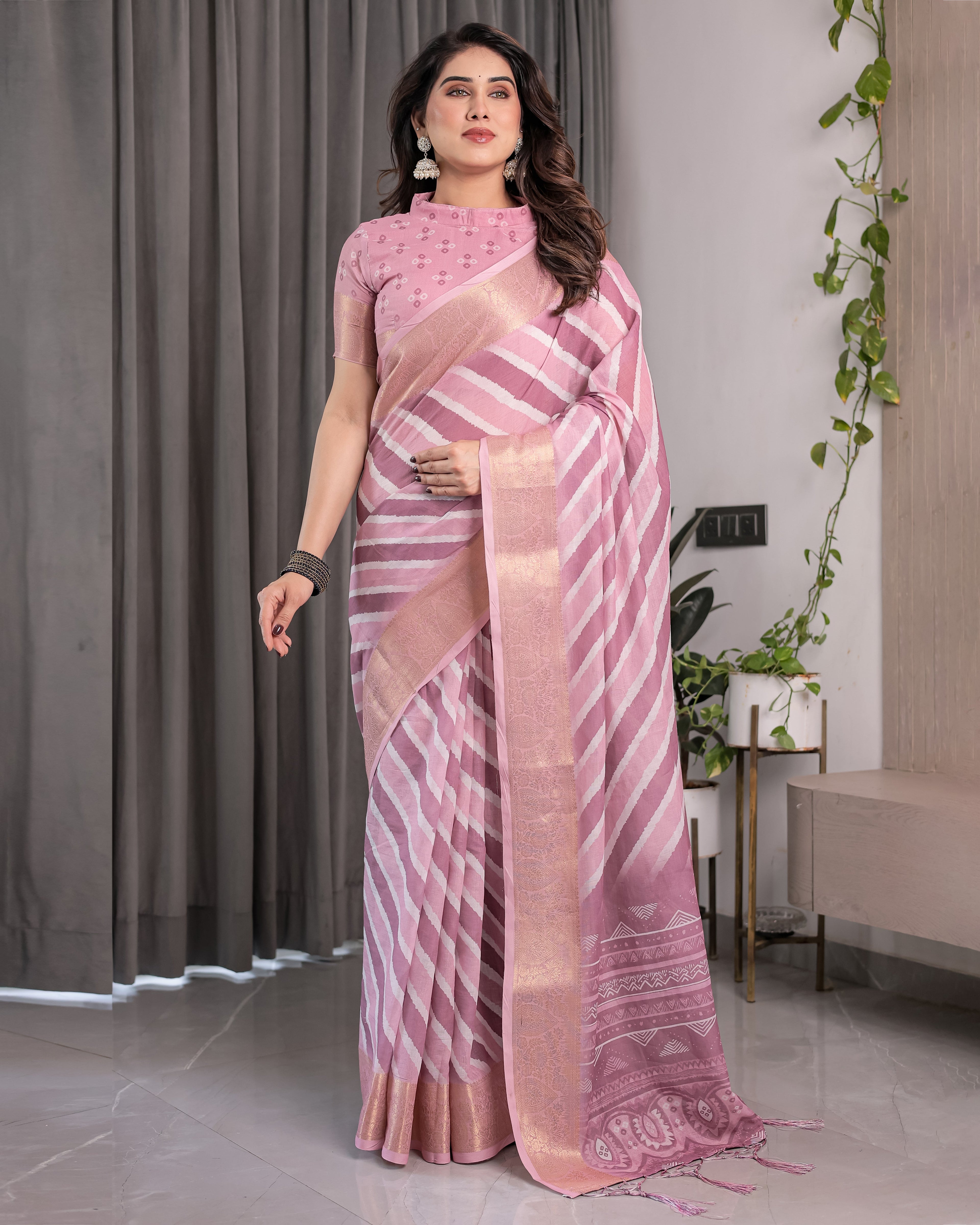 Dusty Pink Linen Handloom Saree with White Geometric Stripes & Tribal Pattern Pallu | Zari Border | 5.5m Saree + 0.8m Blouse with Tassels