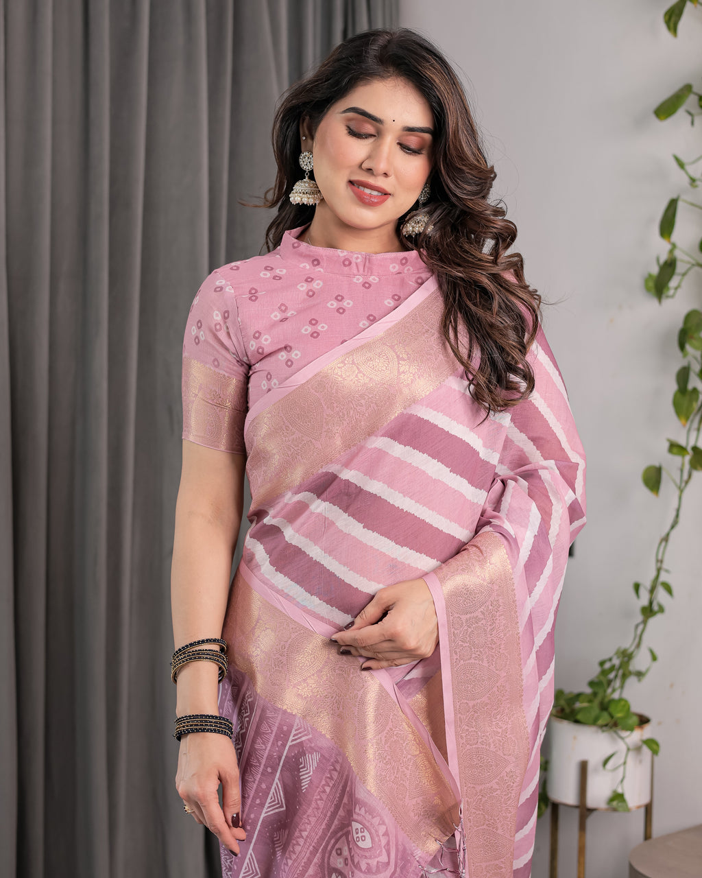 Dusty Pink Linen Handloom Saree with White Geometric Stripes & Tribal Pattern Pallu | Zari Border | 5.5m Saree + 0.8m Blouse with Tassels