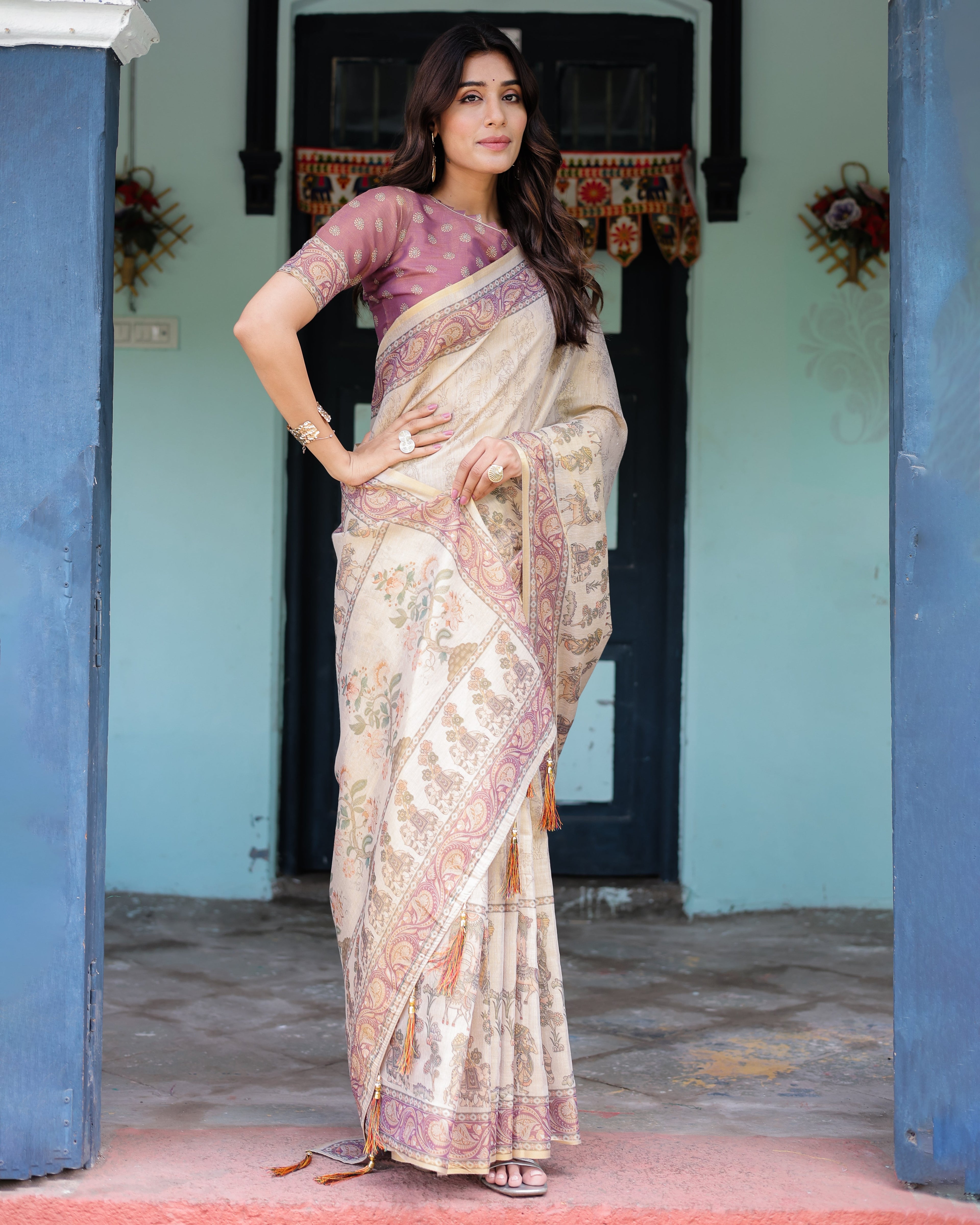 Beige Mauve Handloom Cotton Saree with Subtle Ramayan Print and Heritage Motif Pallu