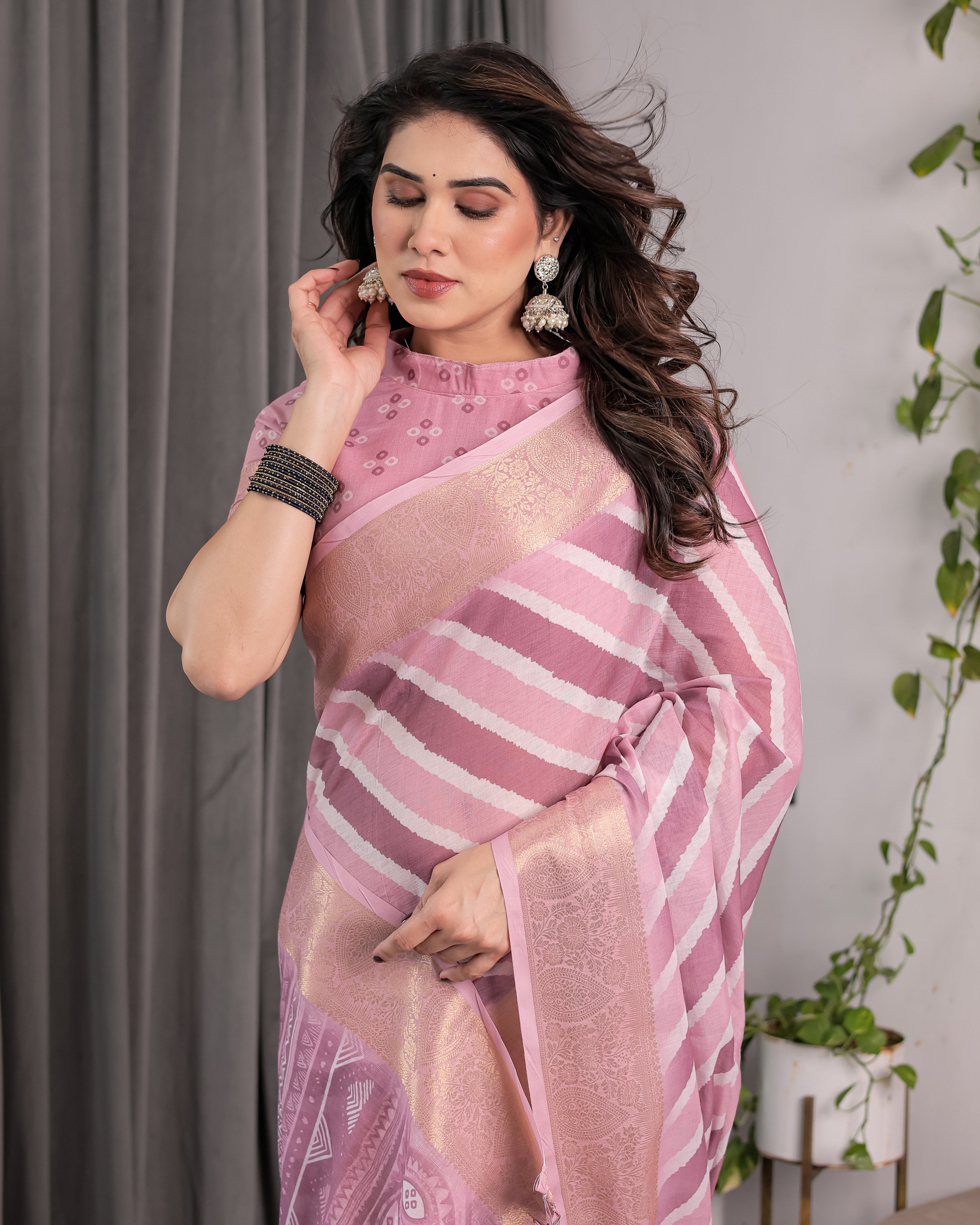 Dusty Pink Linen Handloom Saree with White Geometric Stripes & Tribal Pattern Pallu | Zari Border | 5.5m Saree + 0.8m Blouse with Tassels
