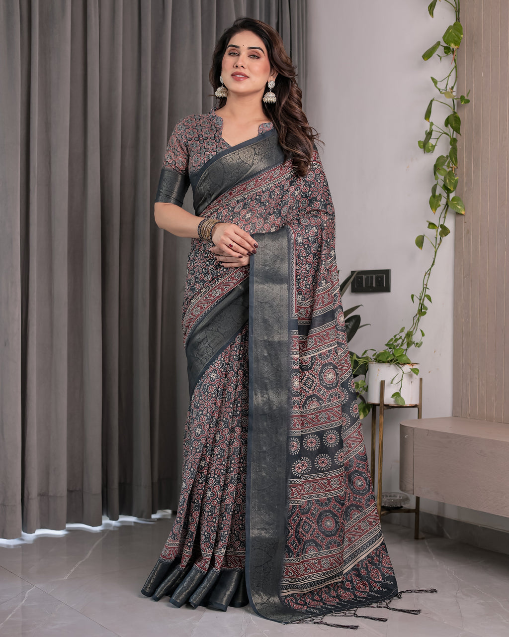 Charcoal Black Handloom Linen Saree with Traditional Ajrakh-Inspired Print & Tassels | 5.5m Saree + 0.8m Blouse Piece | Zari Border