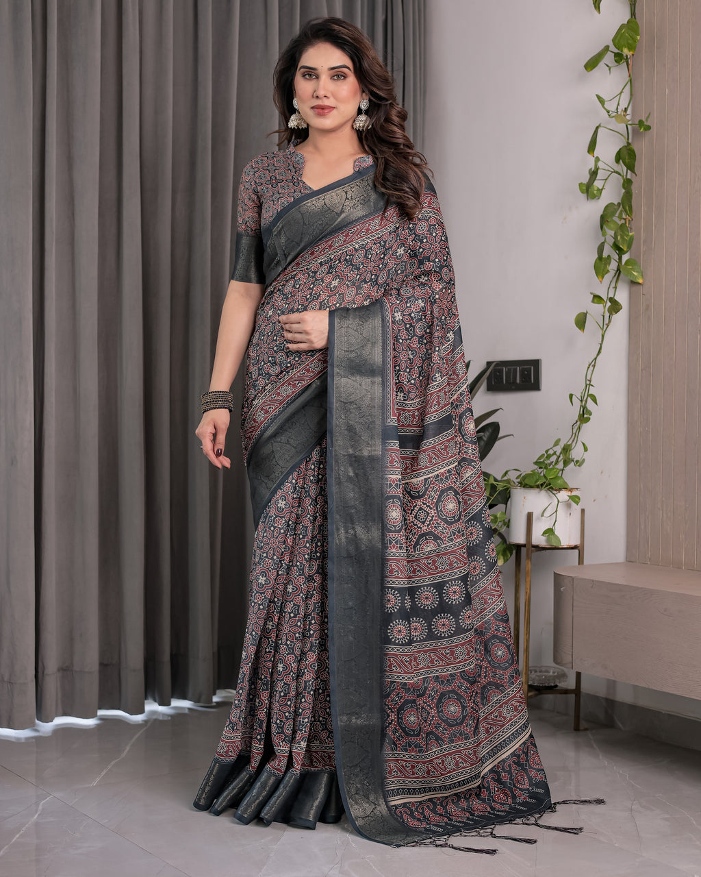 Charcoal Black Handloom Linen Saree with Traditional Ajrakh-Inspired Print & Tassels | 5.5m Saree + 0.8m Blouse Piece | Zari Border