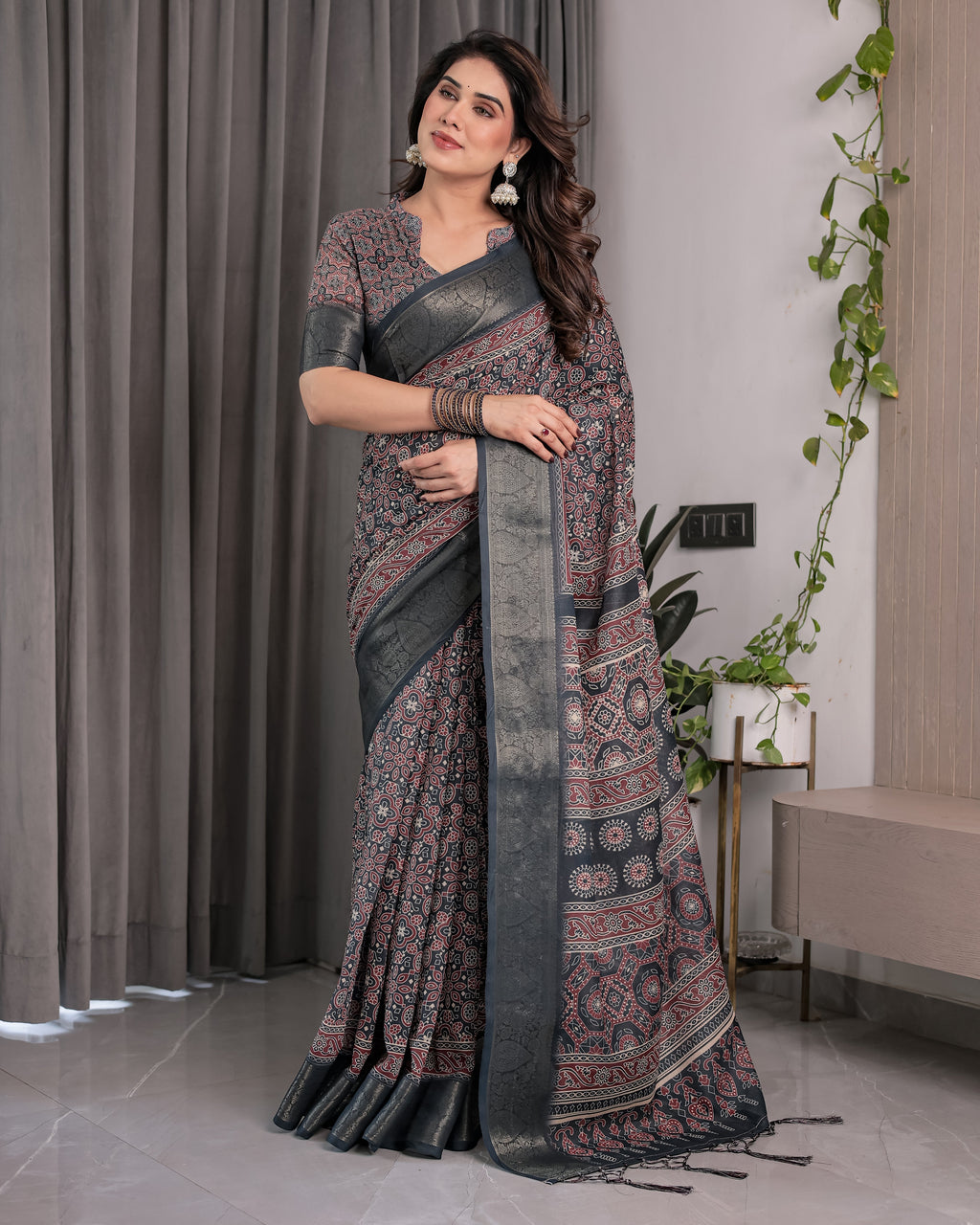 Charcoal Black Handloom Linen Saree with Traditional Ajrakh-Inspired Print & Tassels | 5.5m Saree + 0.8m Blouse Piece | Zari Border