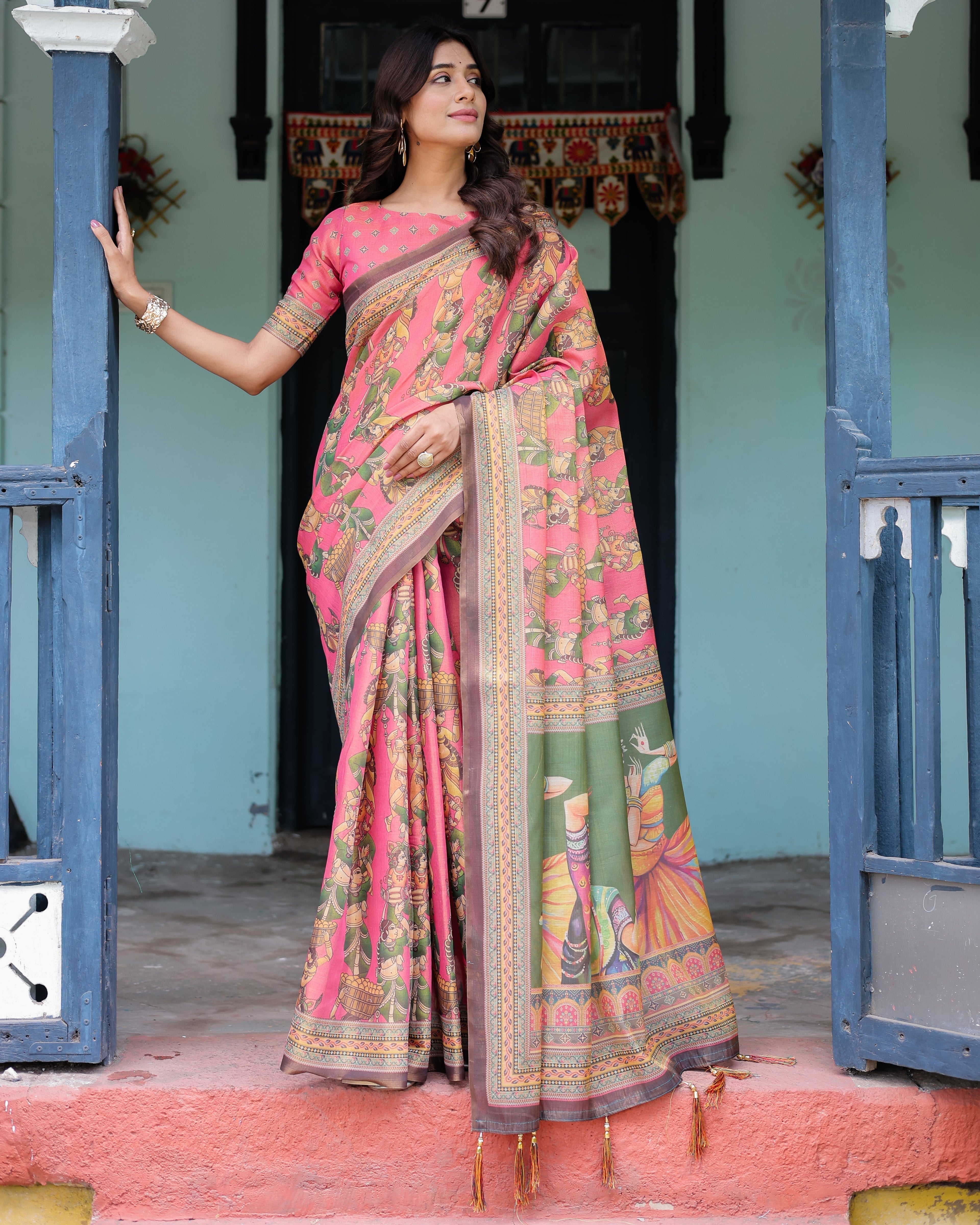 Coral Pink Handloom Cotton Saree with Traditional Folk Procession Print & Classical Dance Pallu