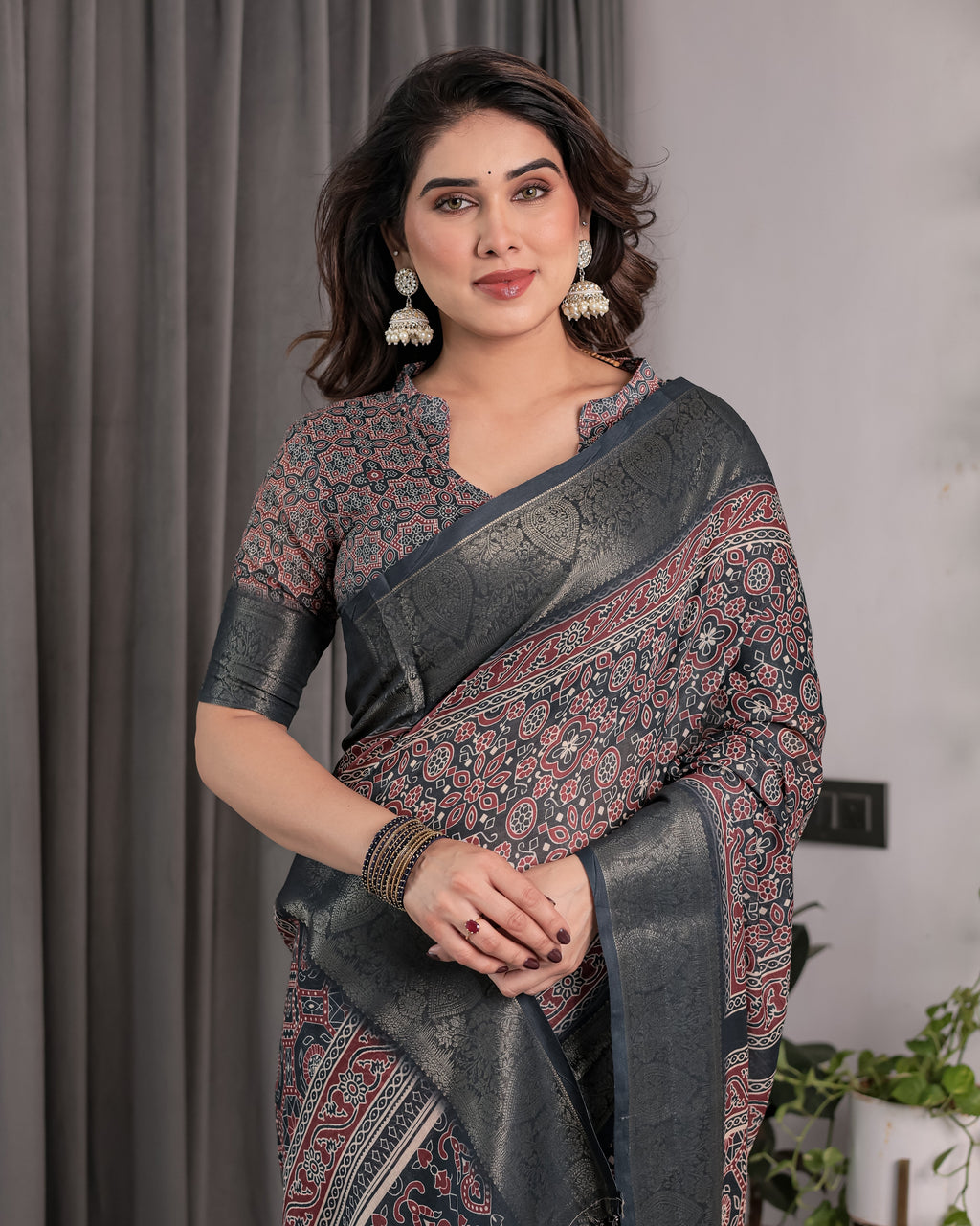 Charcoal Black Handloom Linen Saree with Traditional Ajrakh-Inspired Print & Tassels | 5.5m Saree + 0.8m Blouse Piece | Zari Border