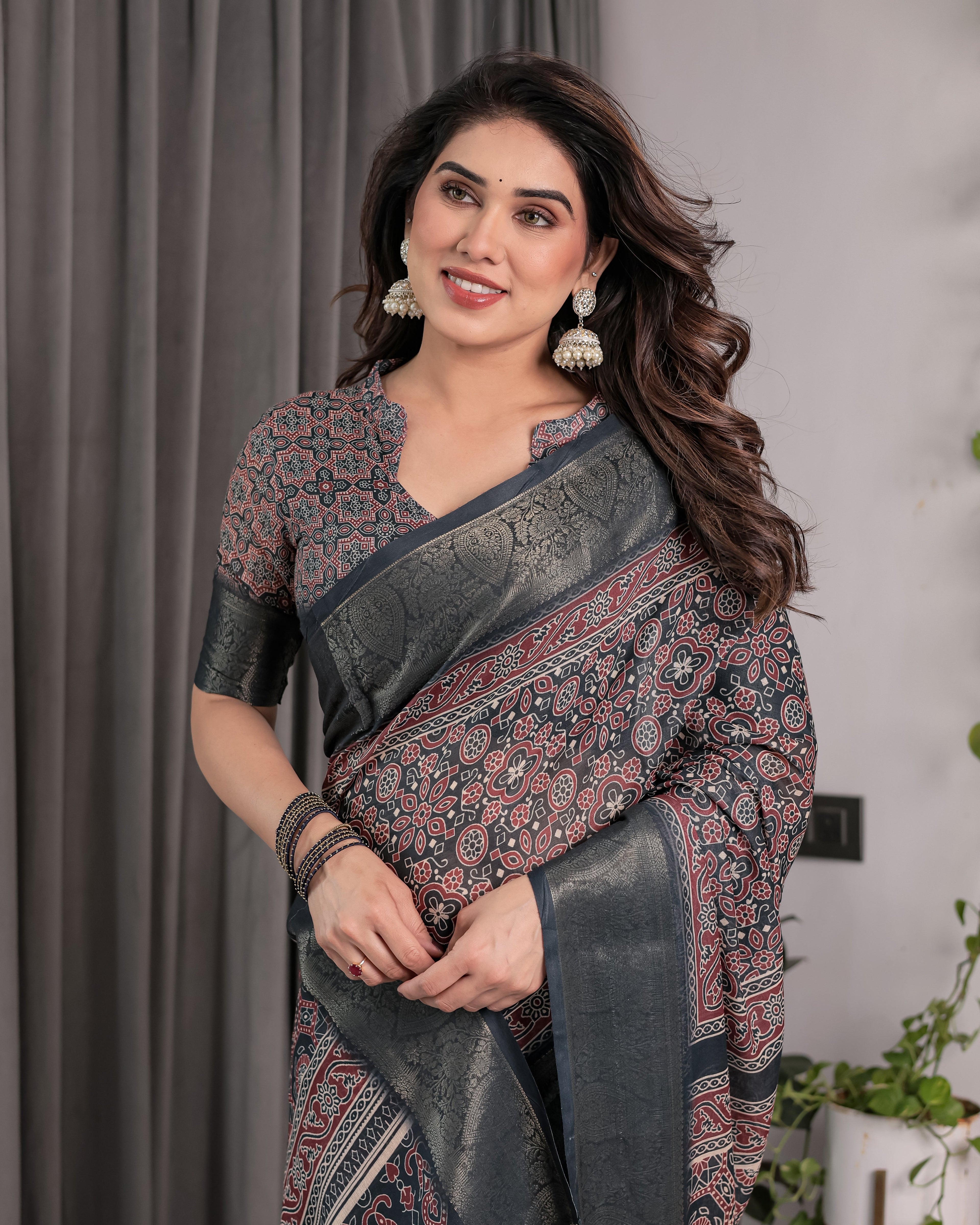 Charcoal Black Handloom Linen Saree with Traditional Ajrakh-Inspired Print & Tassels | 5.5m Saree + 0.8m Blouse Piece | Zari Border
