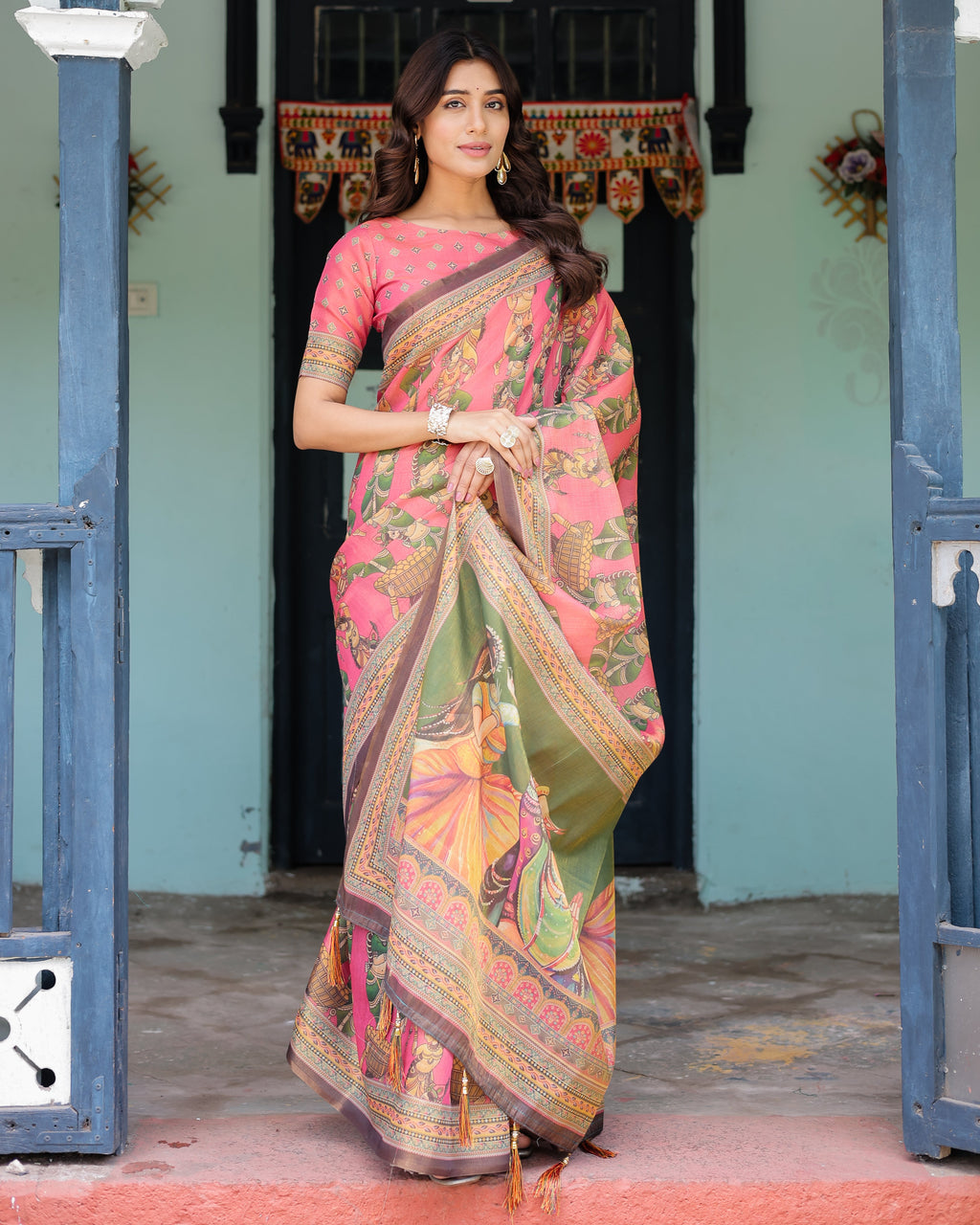 Coral Pink Handloom Cotton Saree with Traditional Folk Procession Print & Classical Dance Pallu