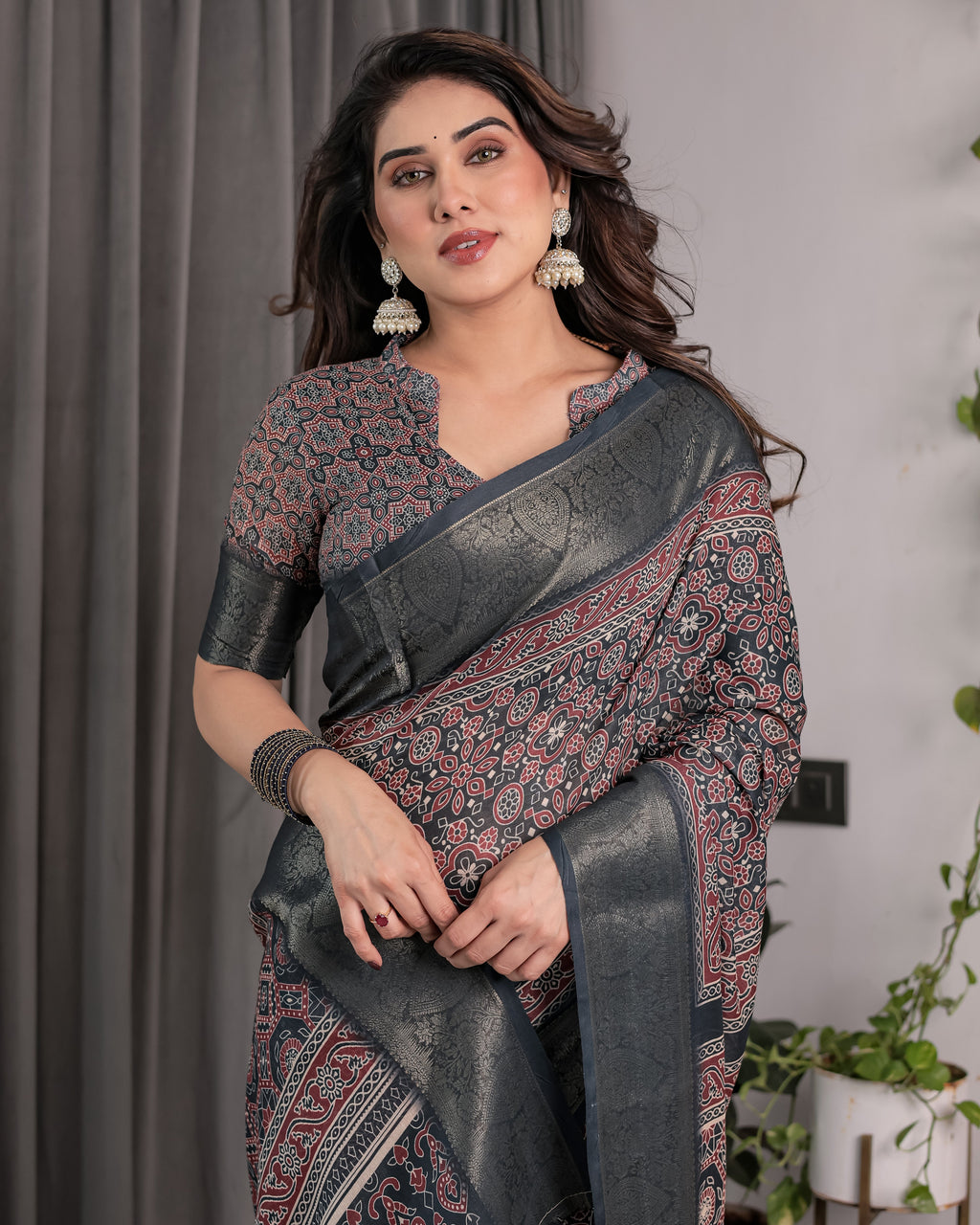 Charcoal Black Handloom Linen Saree with Traditional Ajrakh-Inspired Print & Tassels | 5.5m Saree + 0.8m Blouse Piece | Zari Border
