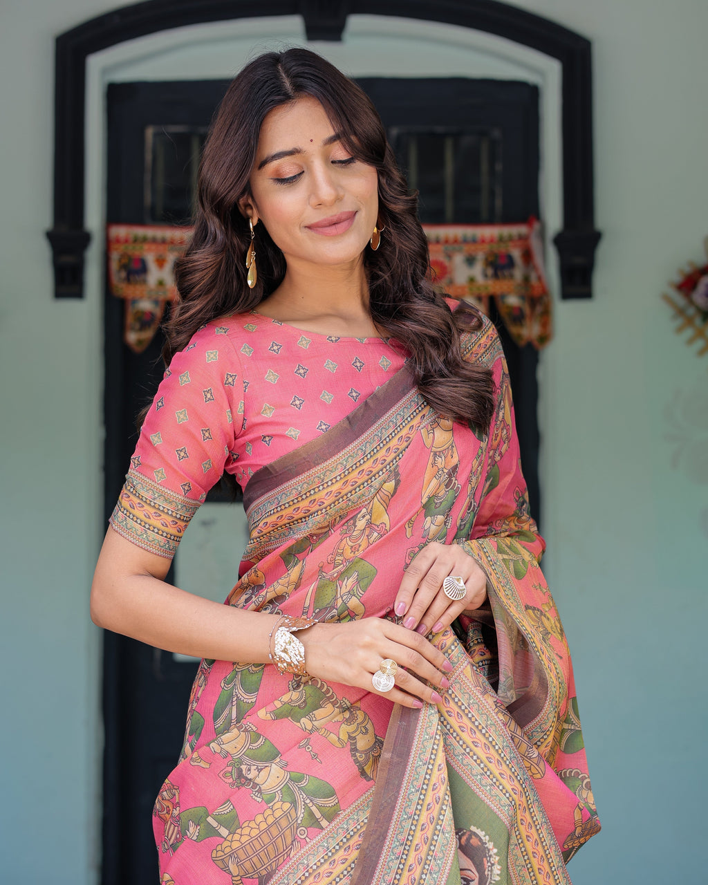 Coral Pink Handloom Cotton Saree with Traditional Folk Procession Print & Classical Dance Pallu