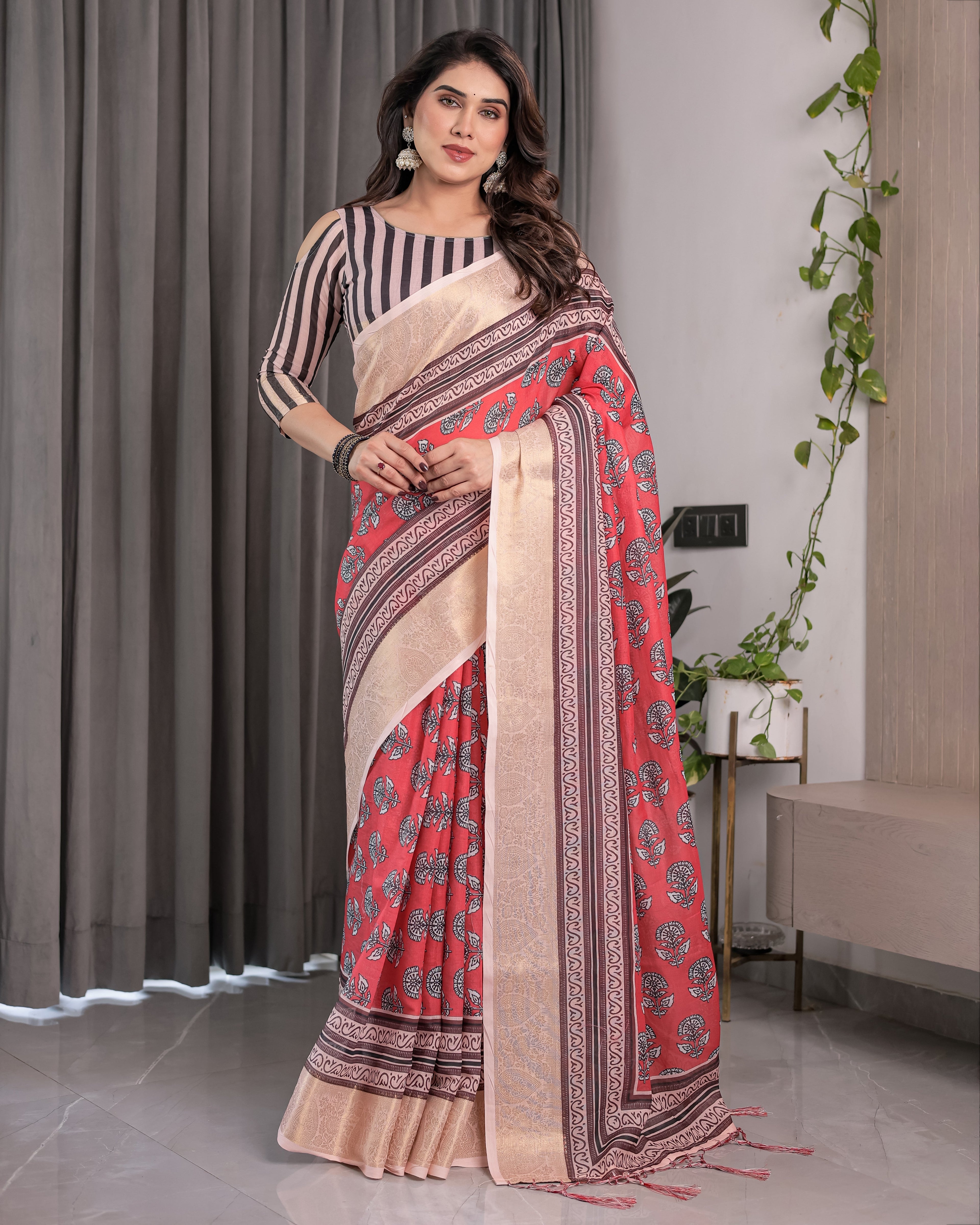 Rust Red Handloom Cotton Linen Saree with Black Floral Buti Print & Zari Border | Ethnic Striped Blouse | 5.5m Saree + 0.8m Blouse Piece