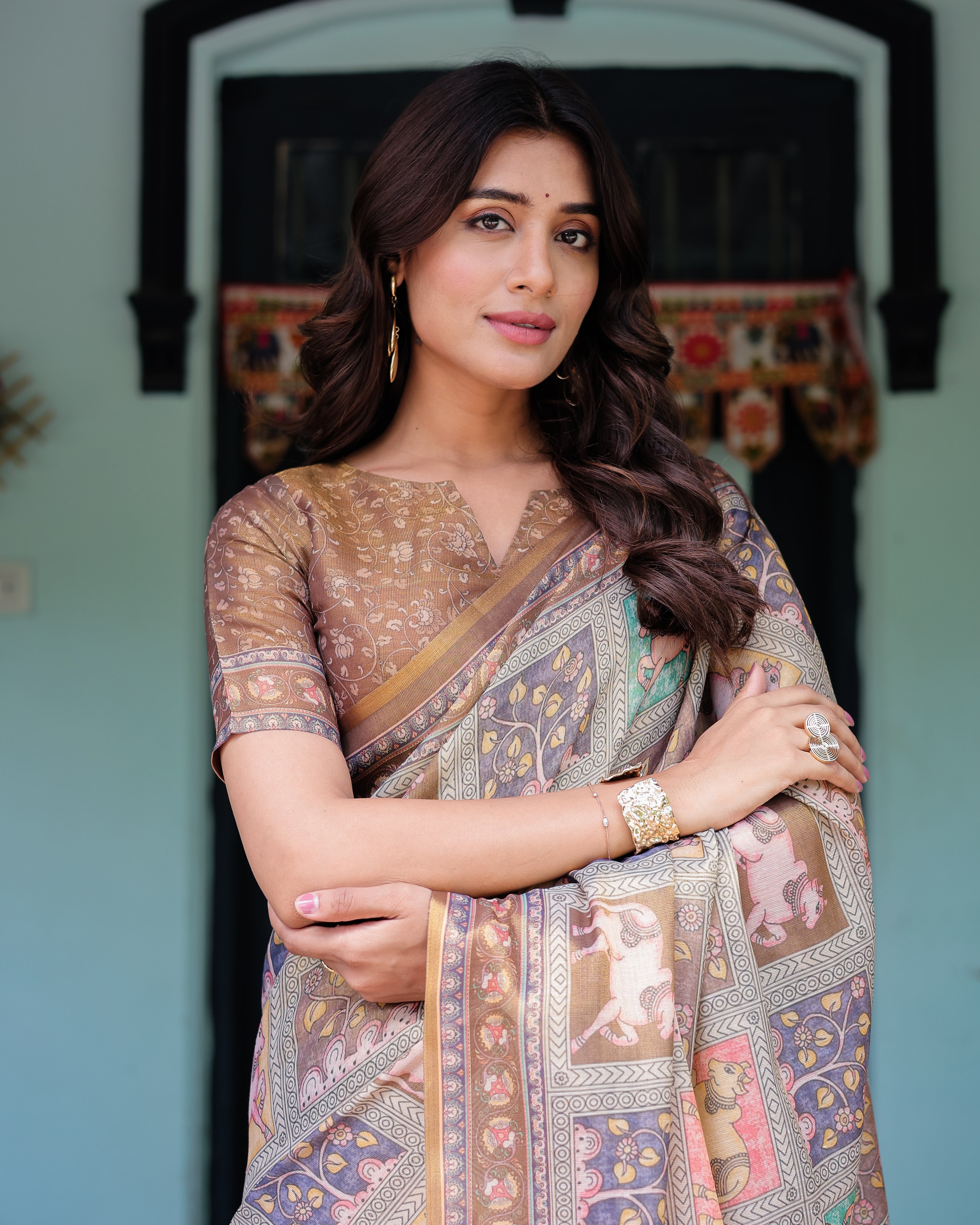 Coffee Brown Handloom Cotton Saree with Classical Art & Sacred Cow Pallu