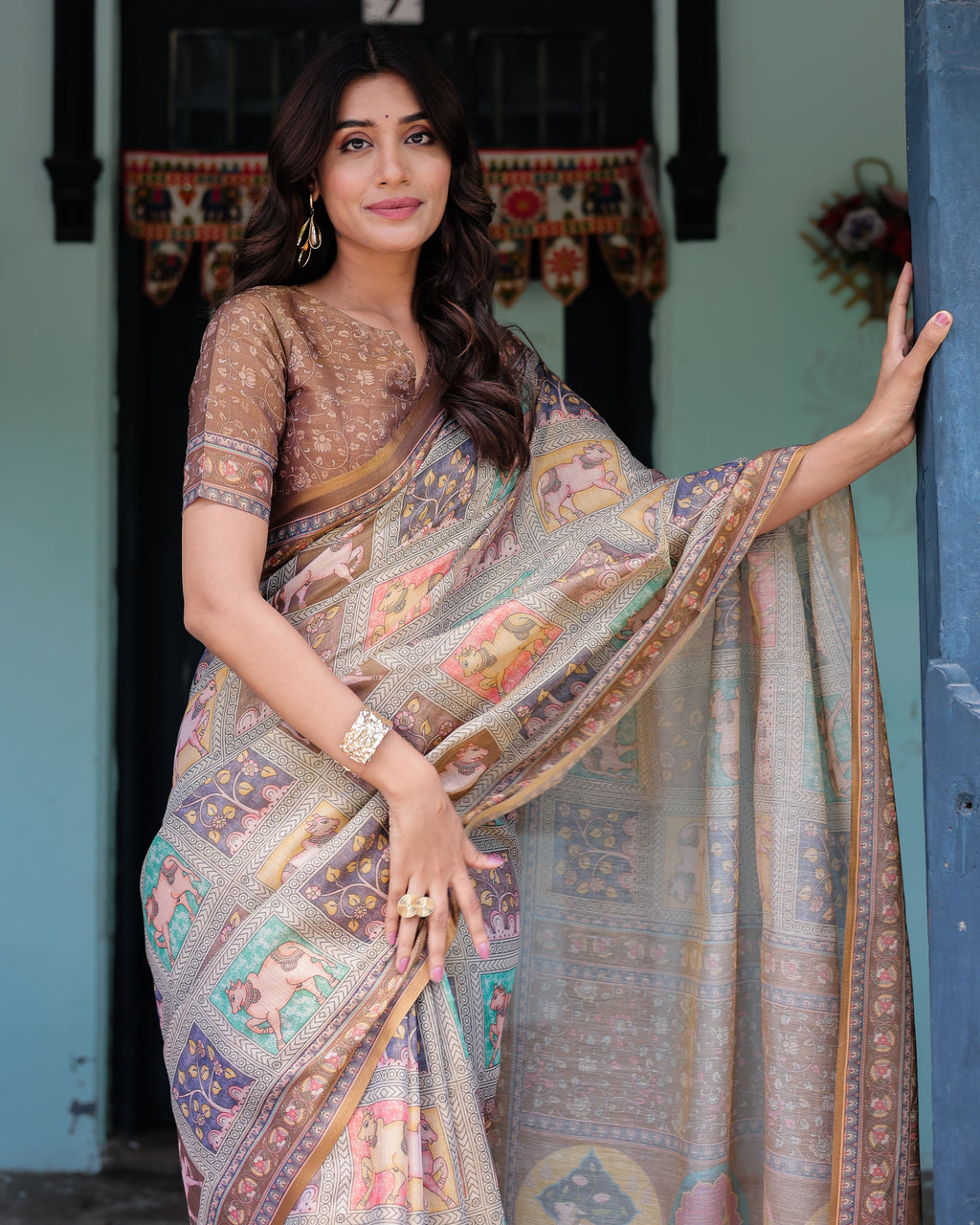 Coffee Brown Handloom Cotton Saree with Classical Art & Sacred Cow Pallu