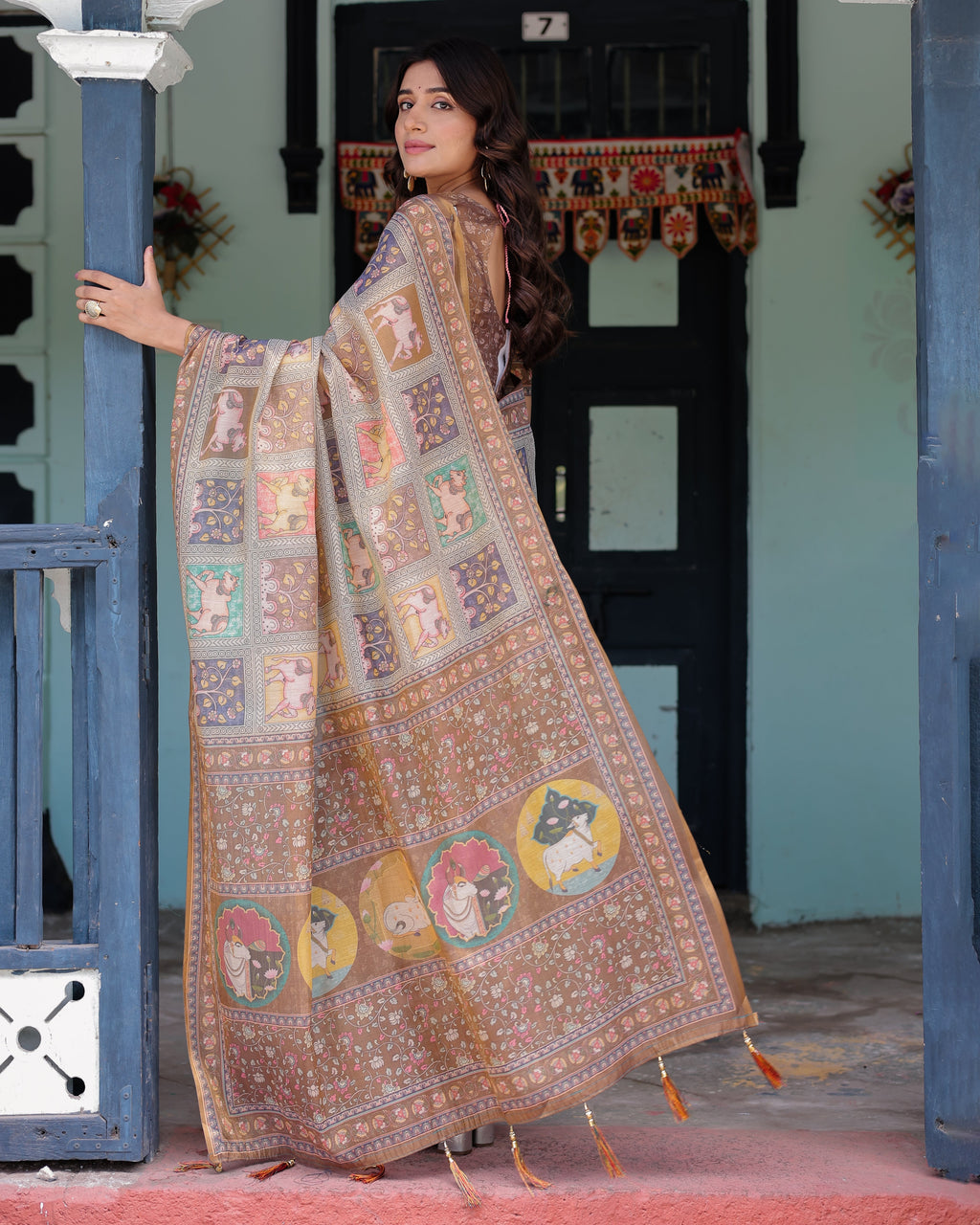Coffee Brown Handloom Cotton Saree with Classical Art & Sacred Cow Pallu