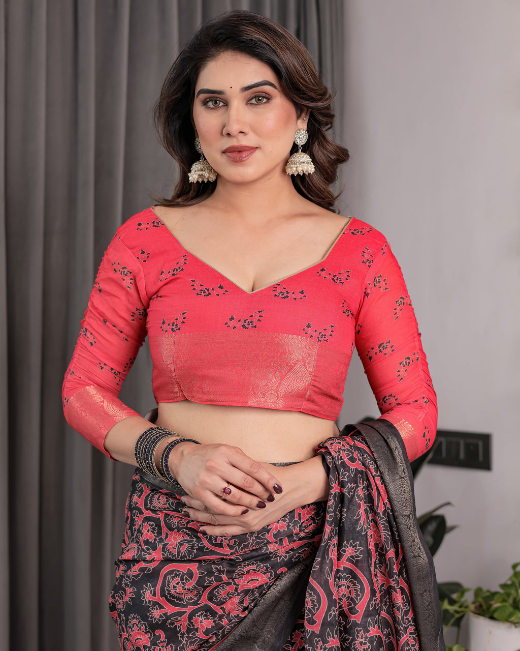 Crimson Red & Black Handloom Linen Saree with Traditional Paisley & Floral Buti Print | Antique Zari Border | 5.5m Saree + 0.8m Blouse