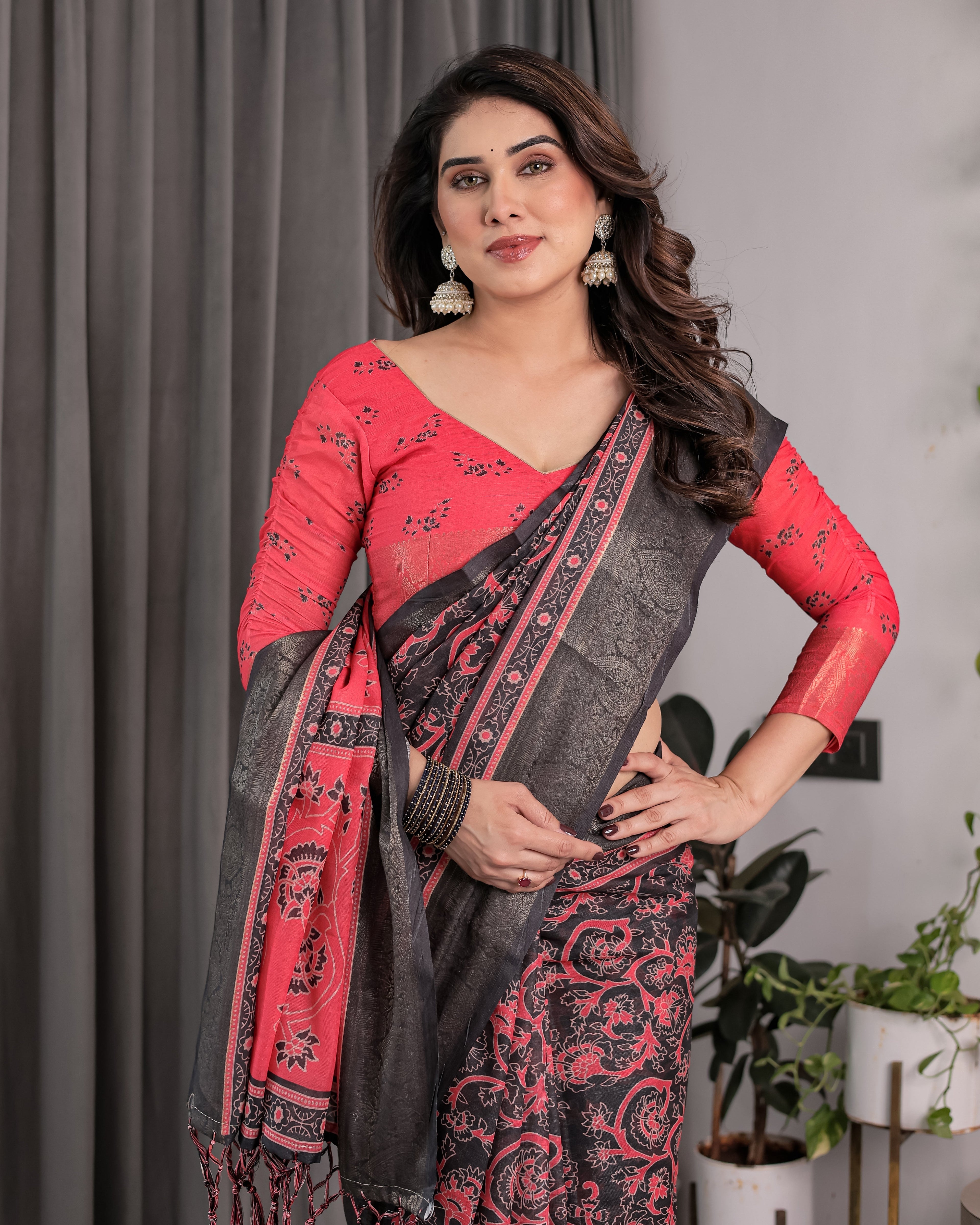 Crimson Red & Black Handloom Linen Saree with Traditional Paisley & Floral Buti Print | Antique Zari Border | 5.5m Saree + 0.8m Blouse