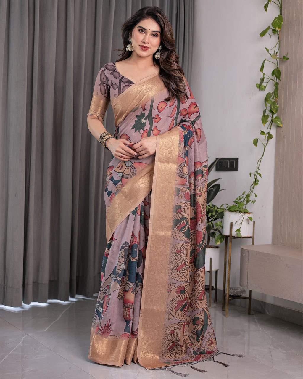 Dusty Mauve Saree with Madhubani Fish Motifs & Antique Zari Border | Cultural Art Digital Print | 5.5m Saree + 0.8m Blouse Piece