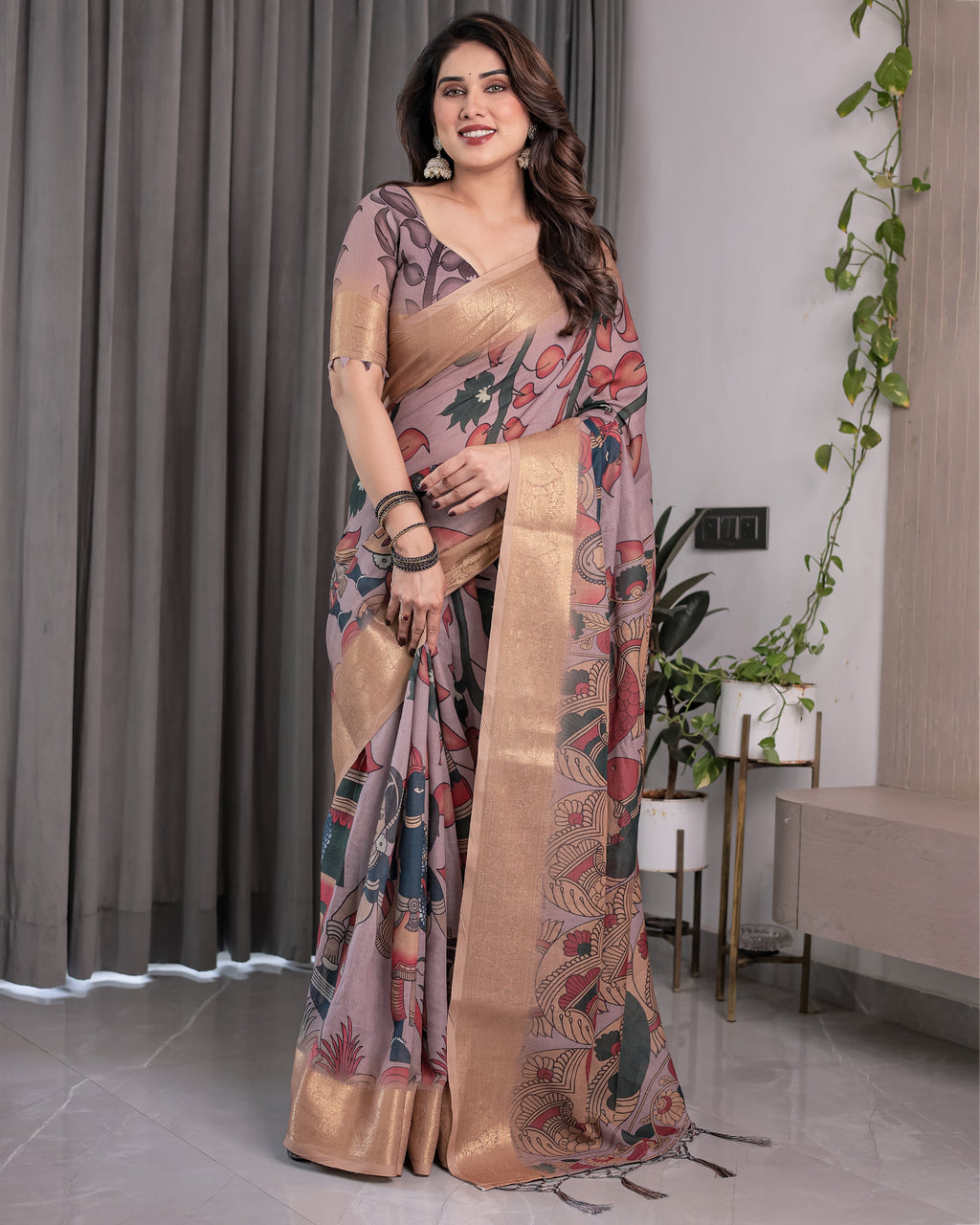 Dusty Mauve Saree with Madhubani Fish Motifs & Antique Zari Border | Cultural Art Digital Print | 5.5m Saree + 0.8m Blouse Piece