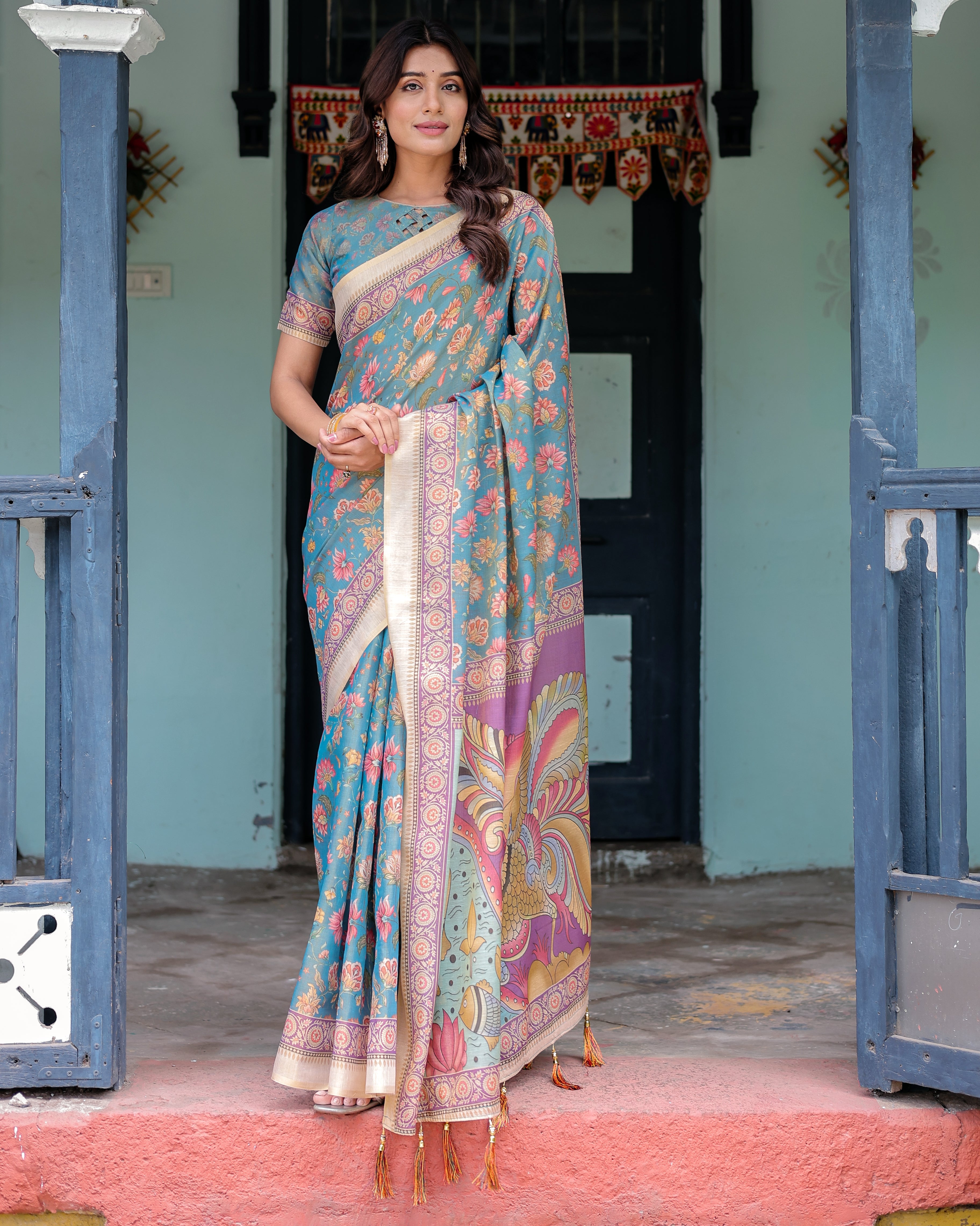 Aqua Blue Handloom Cotton Saree with Multicolor Floral Print & Royal Simha-Pakshi Pallu