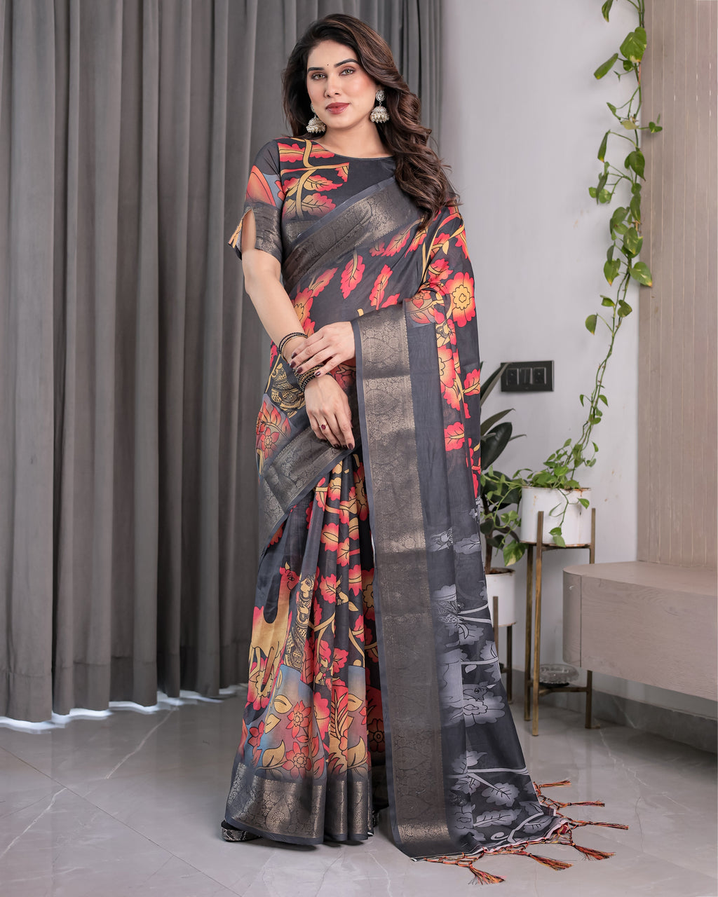 Black Organza-Feel Saree with Red & Grey Floral Digital Prints and Zari Border | Festive Lightweight Drape | 5.5m Saree + 0.8m Blouse Piece