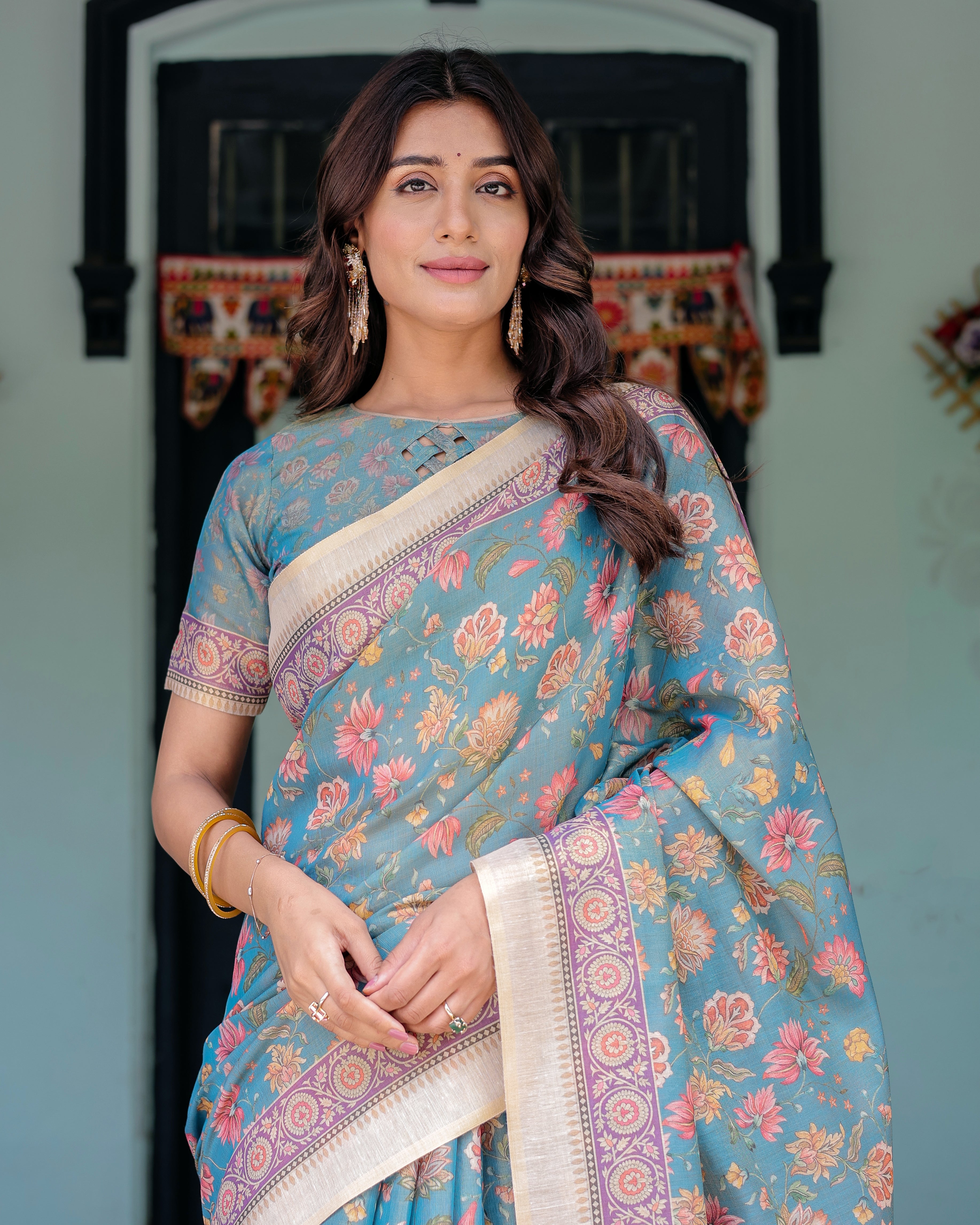 Aqua Blue Handloom Cotton Saree with Multicolor Floral Print & Royal Simha-Pakshi Pallu