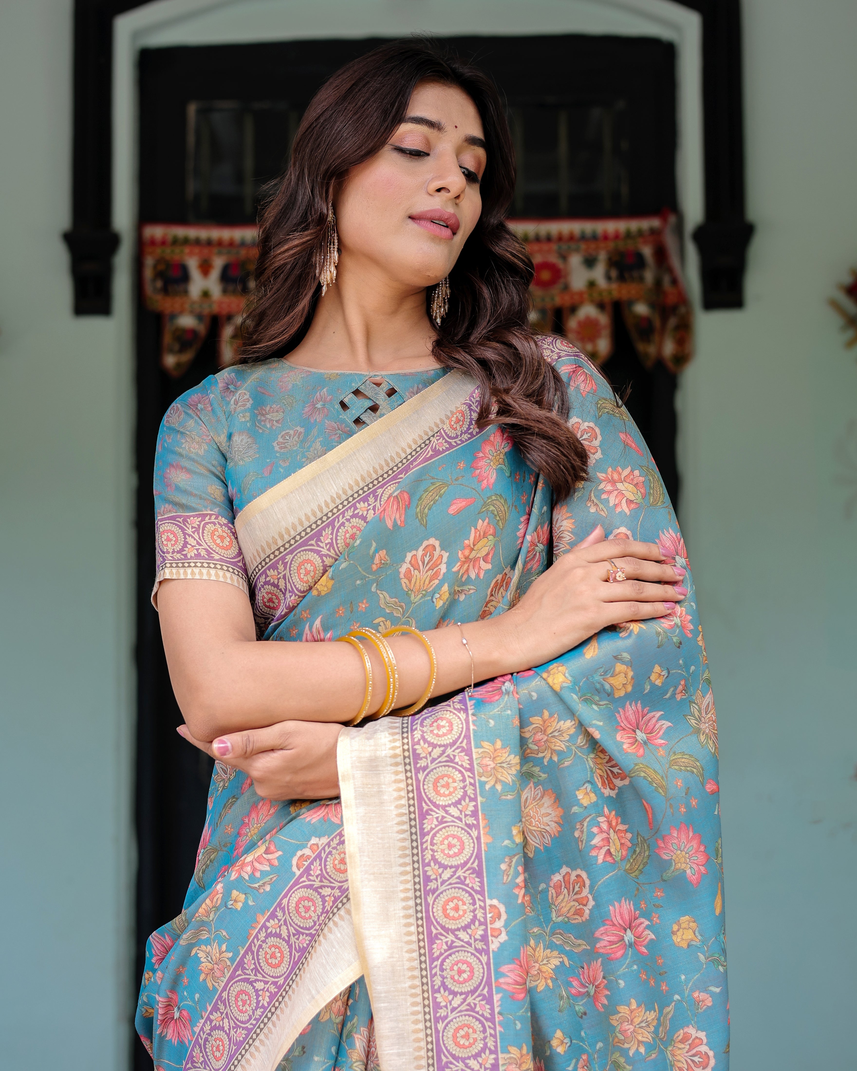 Aqua Blue Handloom Cotton Saree with Multicolor Floral Print & Royal Simha-Pakshi Pallu