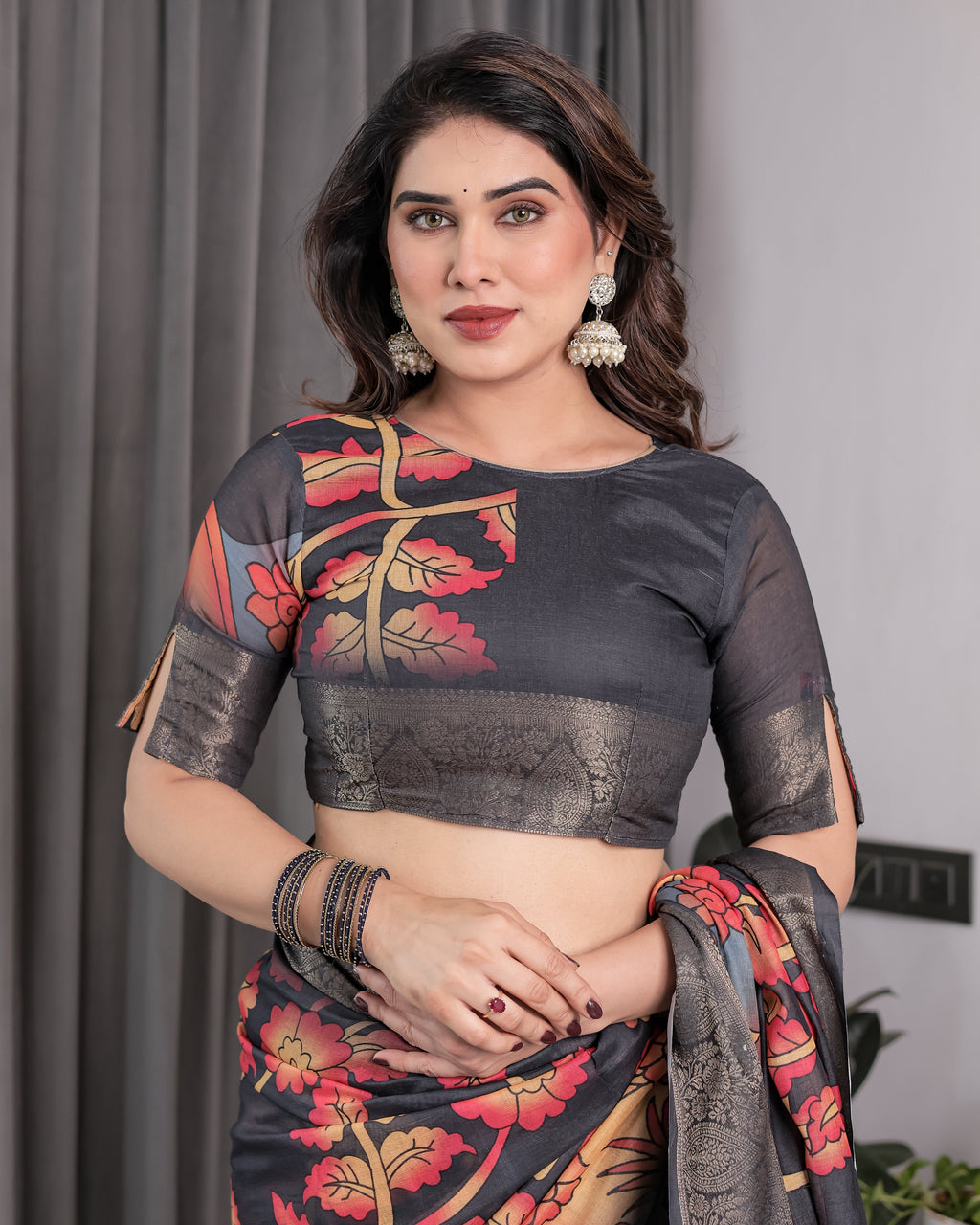 Black Organza-Feel Saree with Red & Grey Floral Digital Prints and Zari Border | Festive Lightweight Drape | 5.5m Saree + 0.8m Blouse Piece