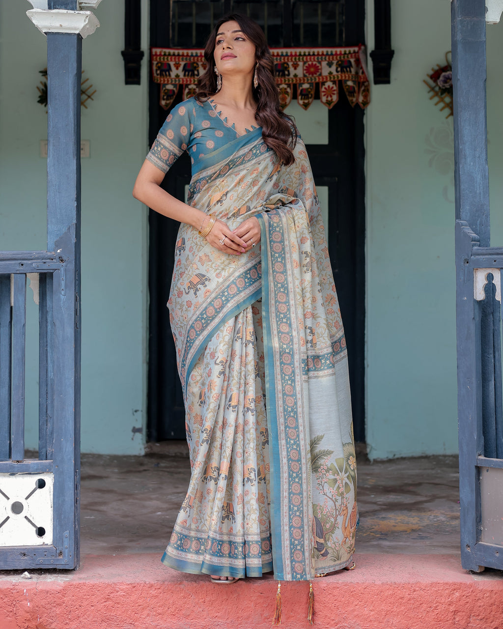 Icy Blue Handloom Cotton Saree with Peach Elephant Motifs & Royal Procession Pallu