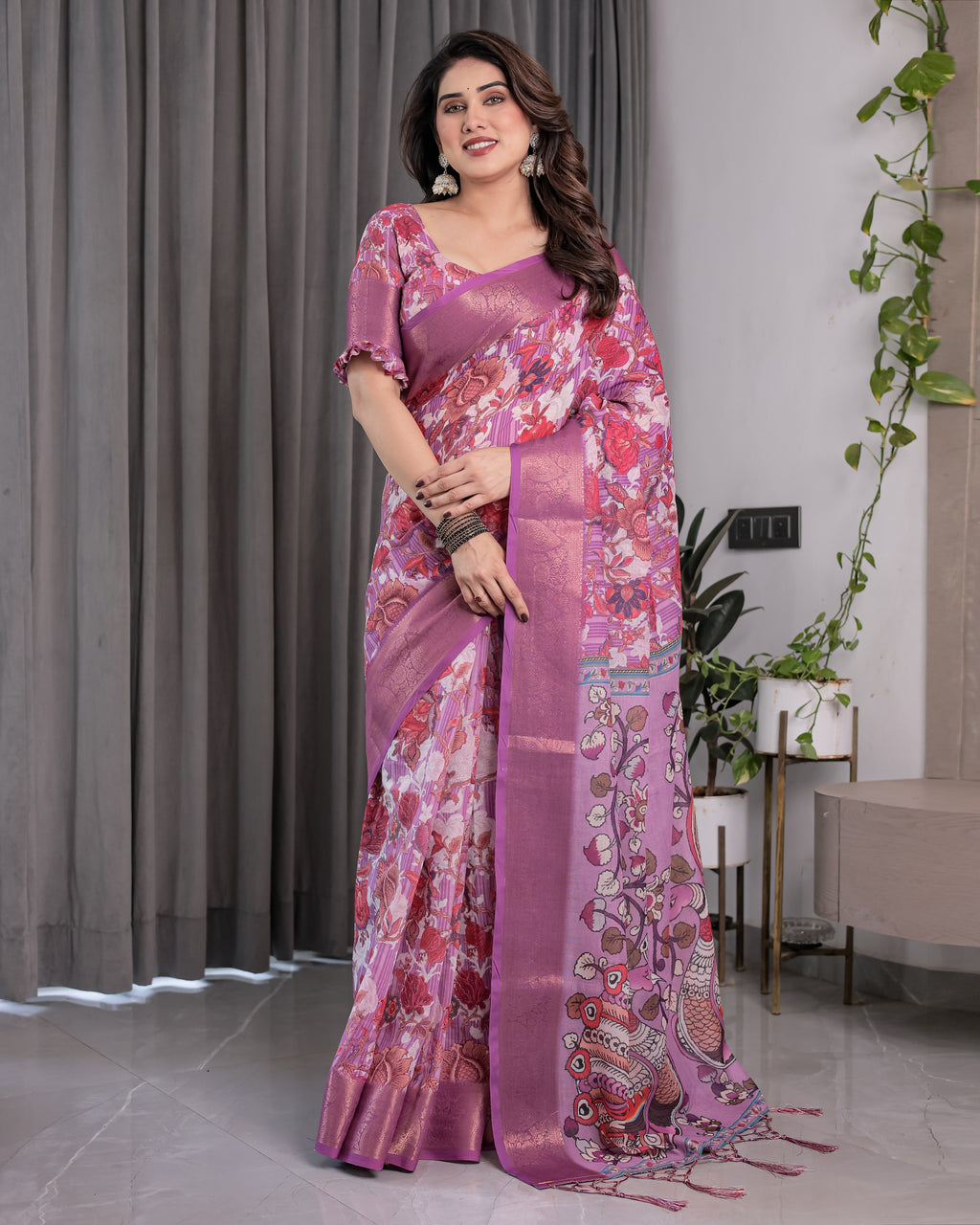 Lavender Pink Handloom Linen Saree with Royal Peacock & Floral Kalamkari Print | Zari Border | 5.5m Saree + 0.8m Blouse Piece