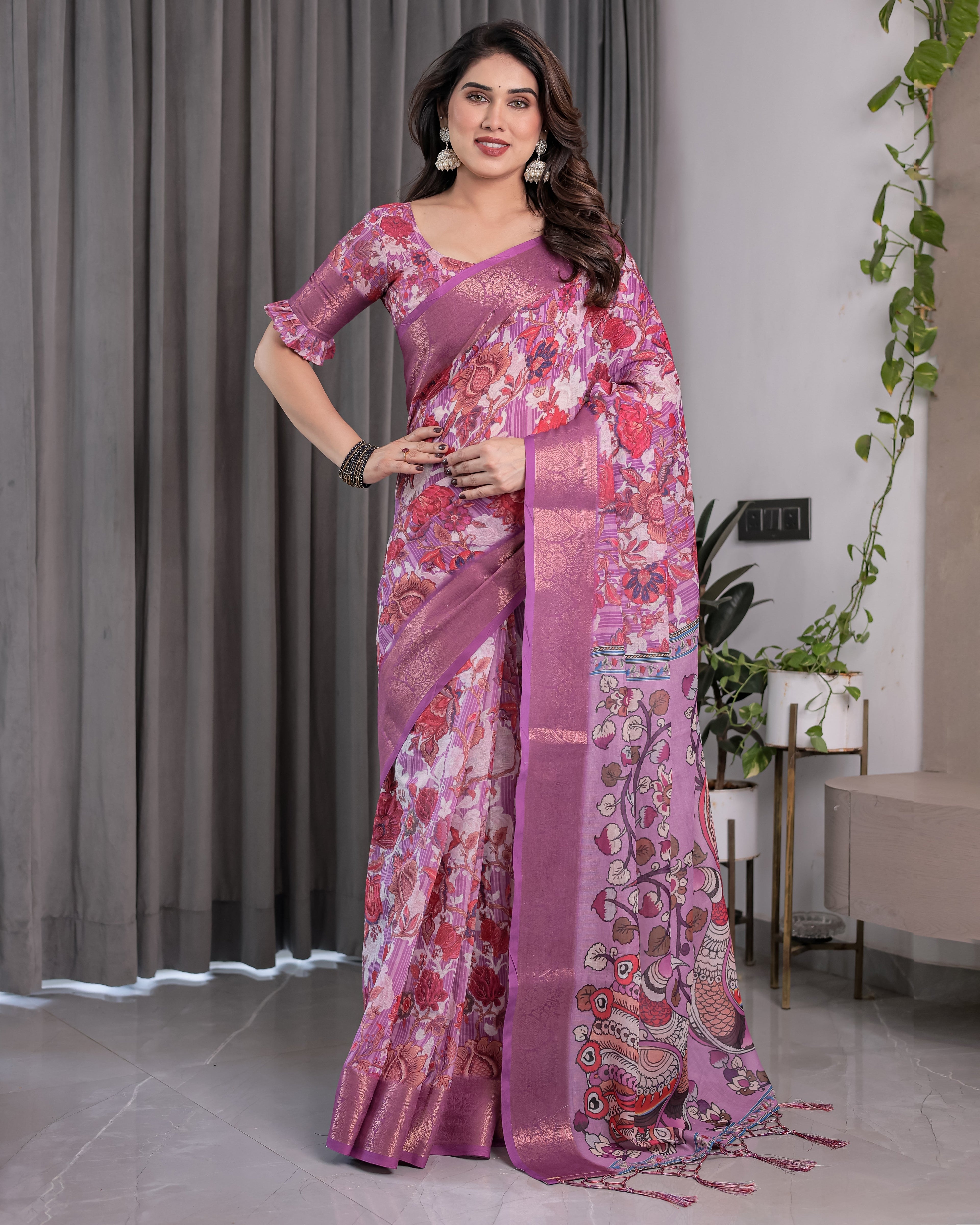 Lavender Pink Handloom Linen Saree with Royal Peacock & Floral Kalamkari Print | Zari Border | 5.5m Saree + 0.8m Blouse Piece