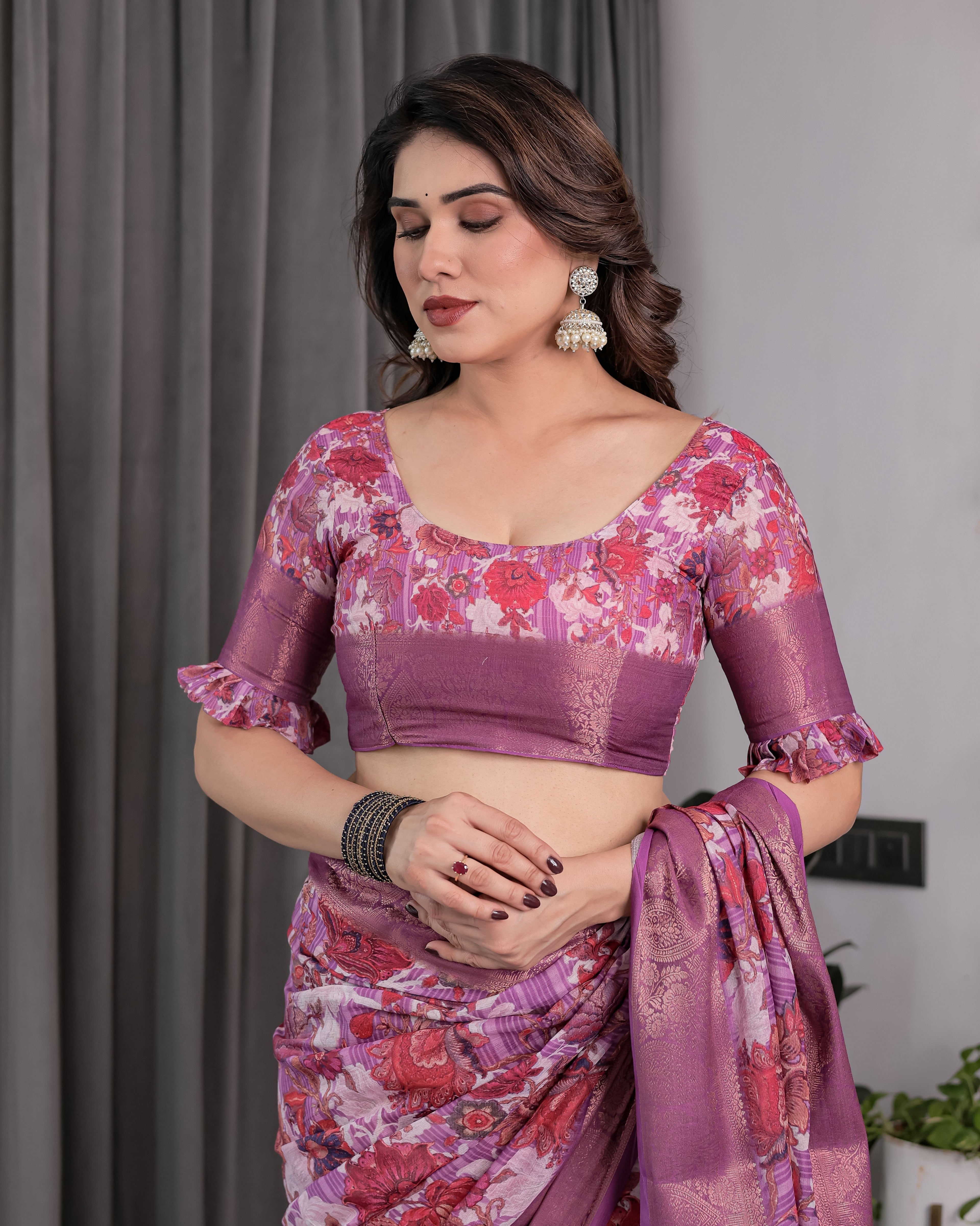 Lavender Pink Handloom Linen Saree with Royal Peacock & Floral Kalamkari Print | Zari Border | 5.5m Saree + 0.8m Blouse Piece