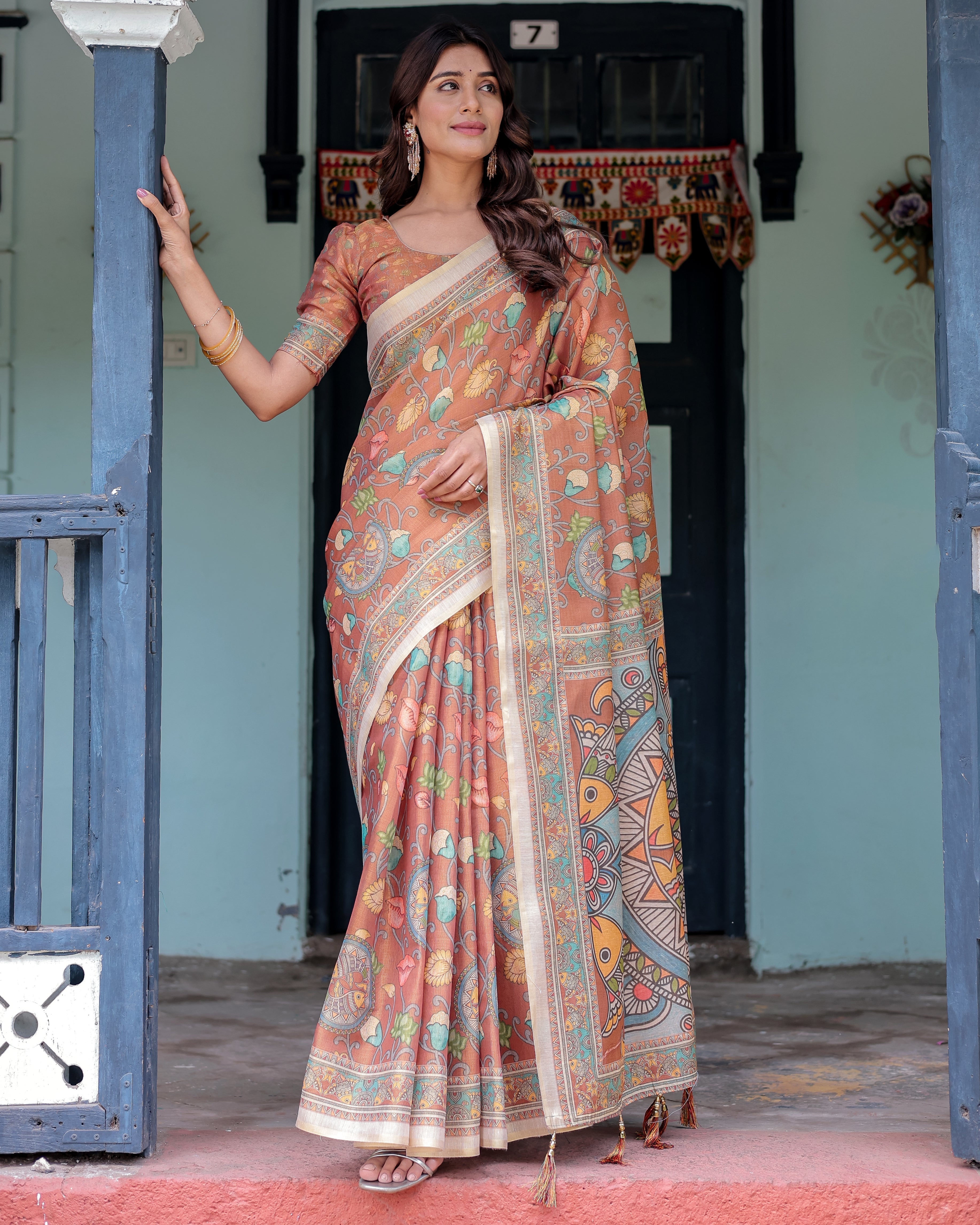 Terracotta Handloom Cotton Saree with Blooming Floral Print & Madhubani Fish Pallu