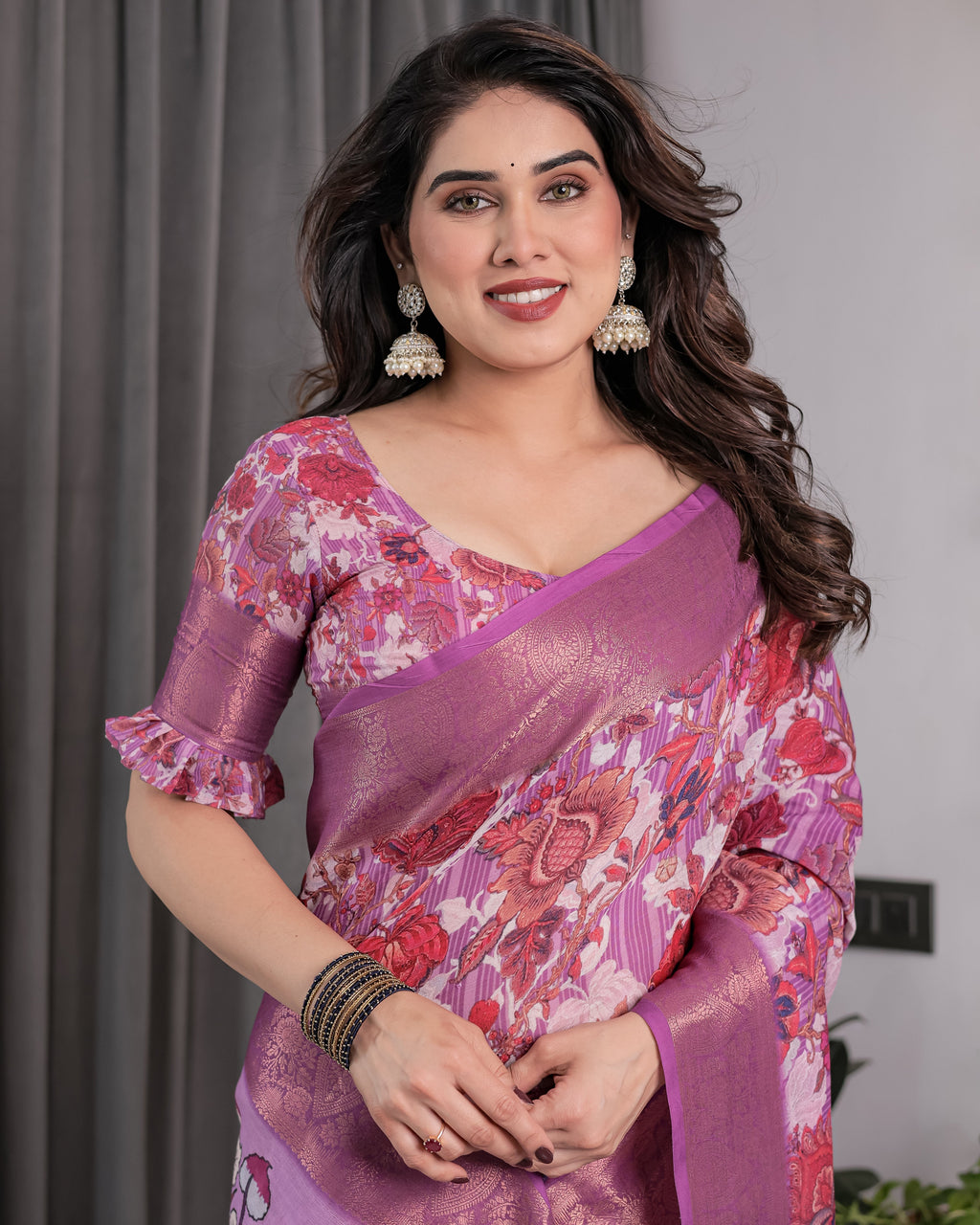 Lavender Pink Handloom Linen Saree with Royal Peacock & Floral Kalamkari Print | Zari Border | 5.5m Saree + 0.8m Blouse Piece