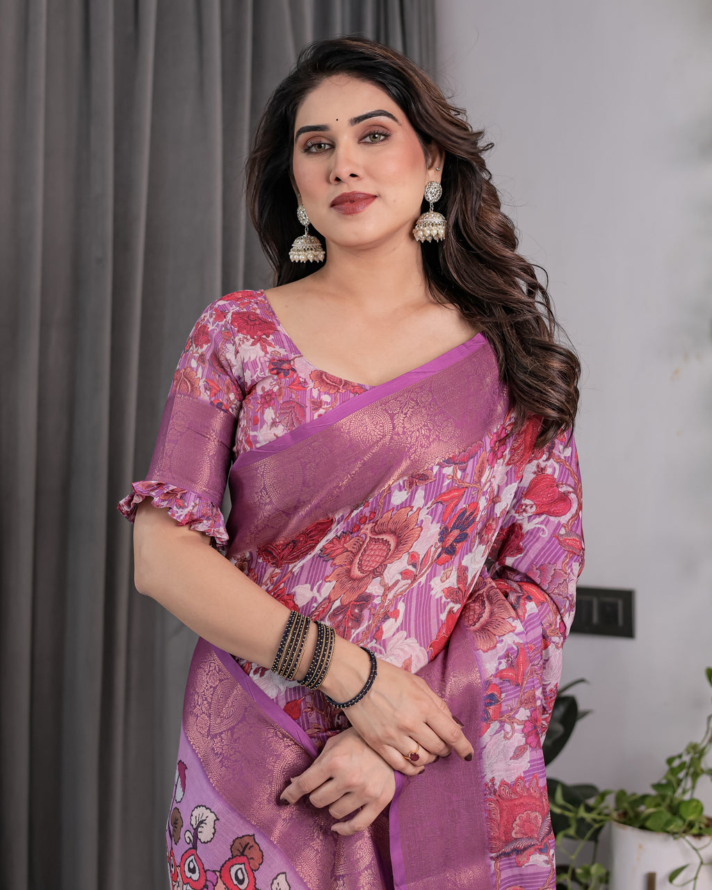 Lavender Pink Handloom Linen Saree with Royal Peacock & Floral Kalamkari Print | Zari Border | 5.5m Saree + 0.8m Blouse Piece