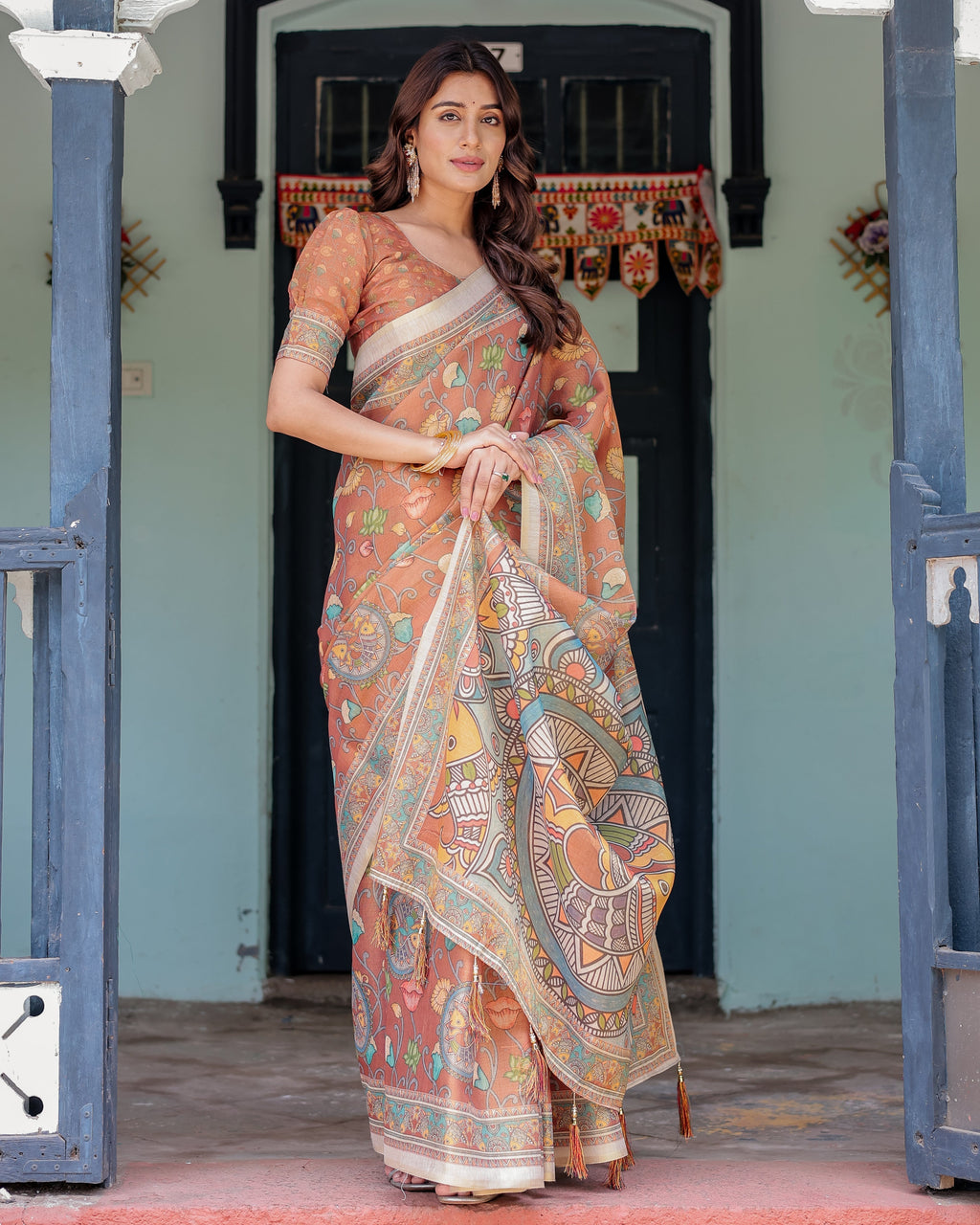 Terracotta Handloom Cotton Saree with Blooming Floral Print & Madhubani Fish Pallu