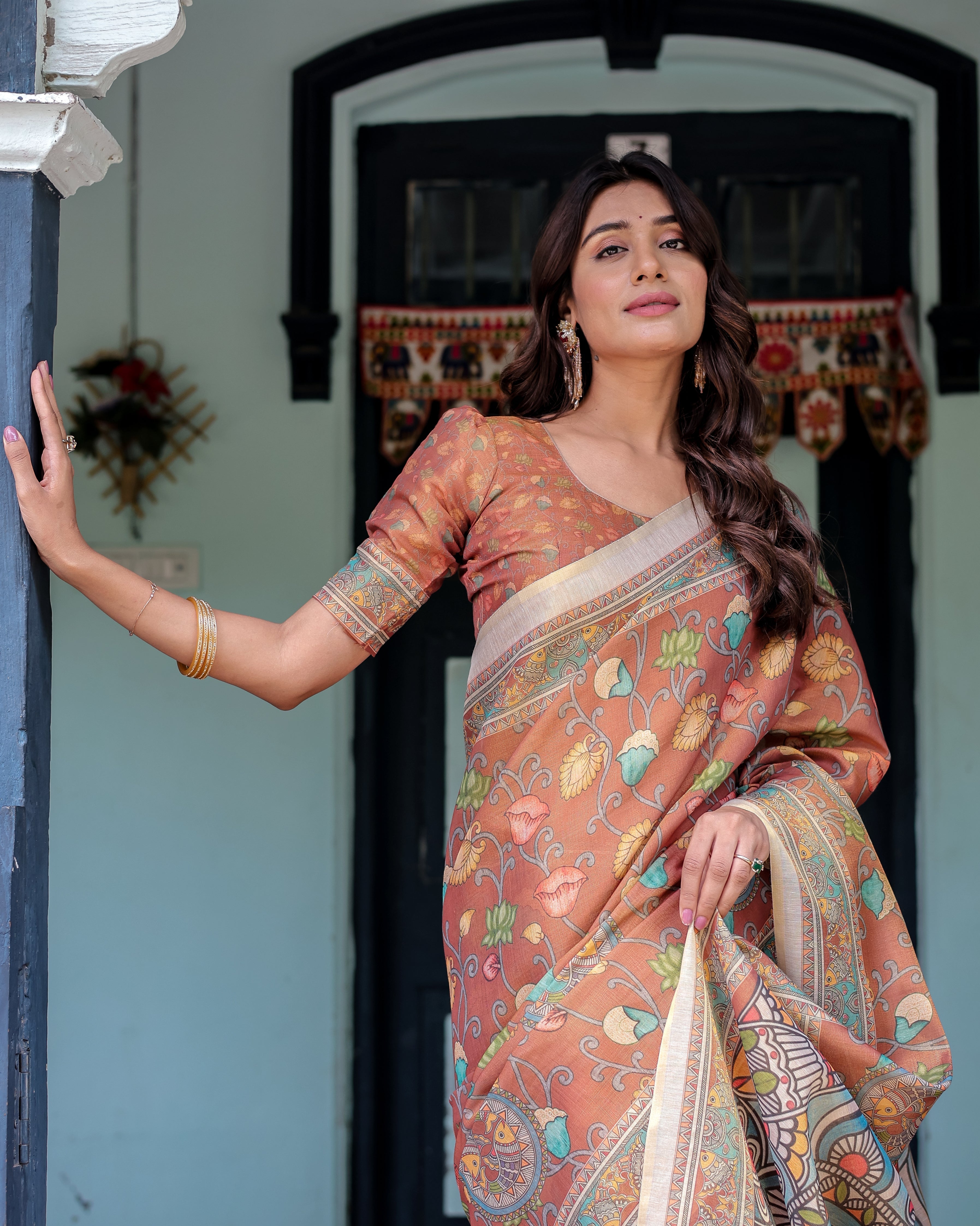 Terracotta Handloom Cotton Saree with Blooming Floral Print & Madhubani Fish Pallu