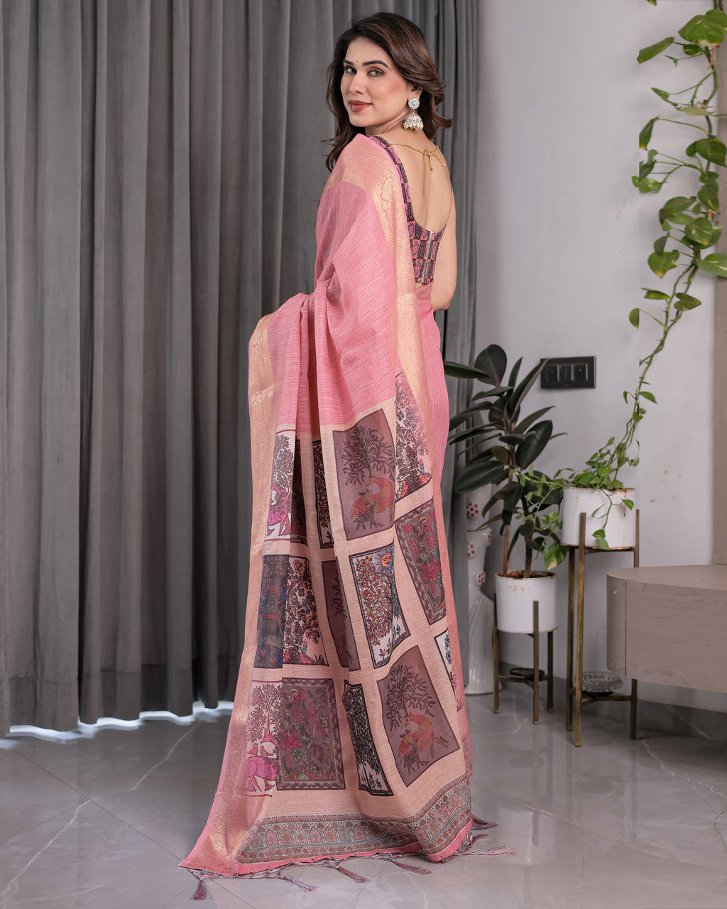 Peach Handloom Cotton Saree with Illustrated Story Panel Prints & Zari Border | Artistic Ethnic Wear | 5.5m Saree + 0.8m Blouse Piece